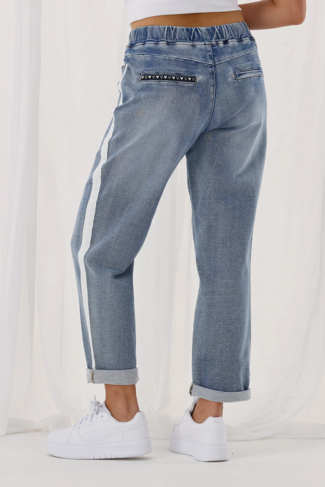 Shine On Label Lyon Collection Denim Jogger Mid Blue w White Tape - Image 2
