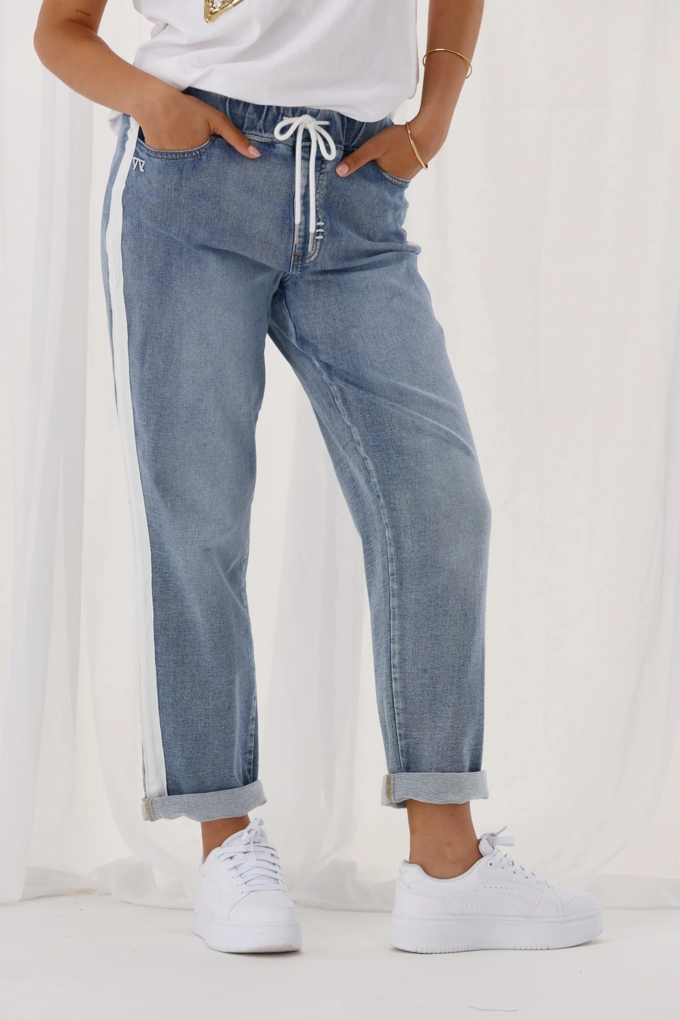 Shine On Label Lyon Collection Denim Jogger Mid Blue w White Tape - Image 4