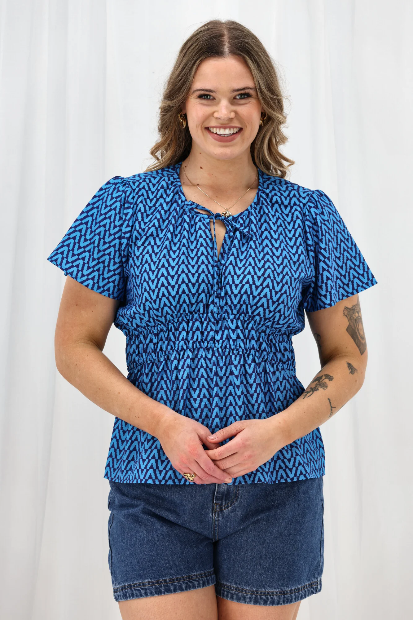 Shine On Label Maddison Empire Waist Blouse Blue Geo - Image 2