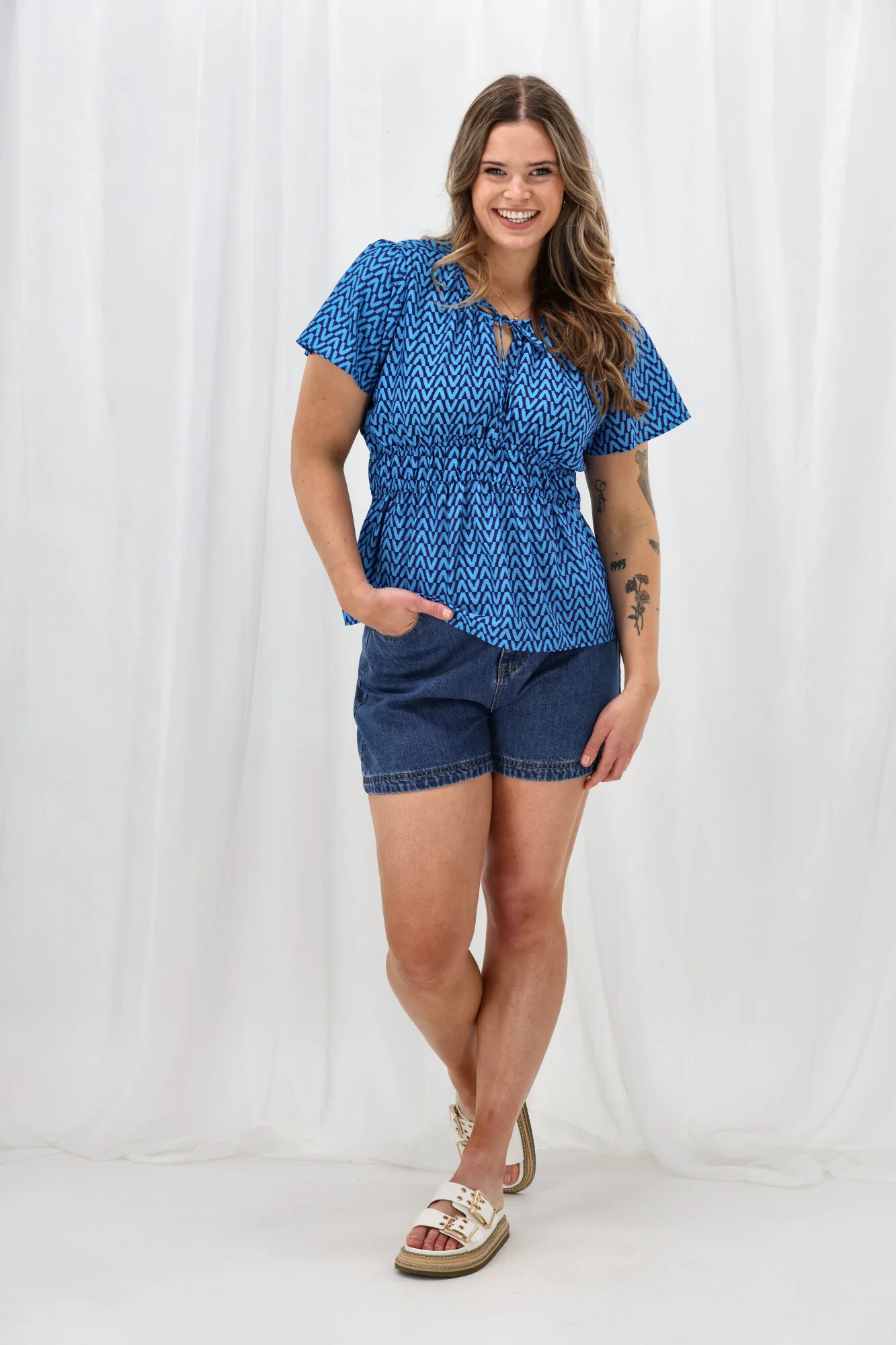 Shine On Label Maddison Empire Waist Blouse Blue Geo - Image 3