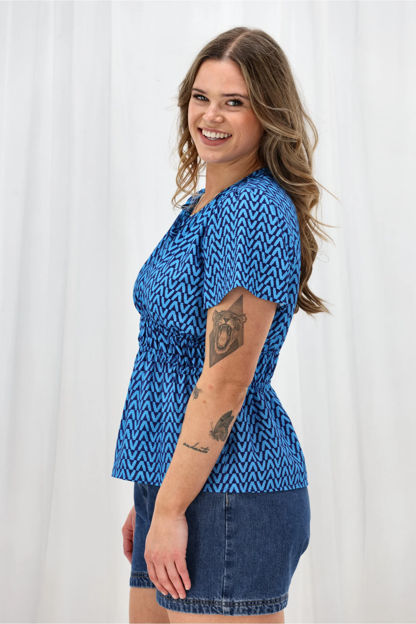 Shine On Label Maddison Empire Waist Blouse Blue Geo - Image 6