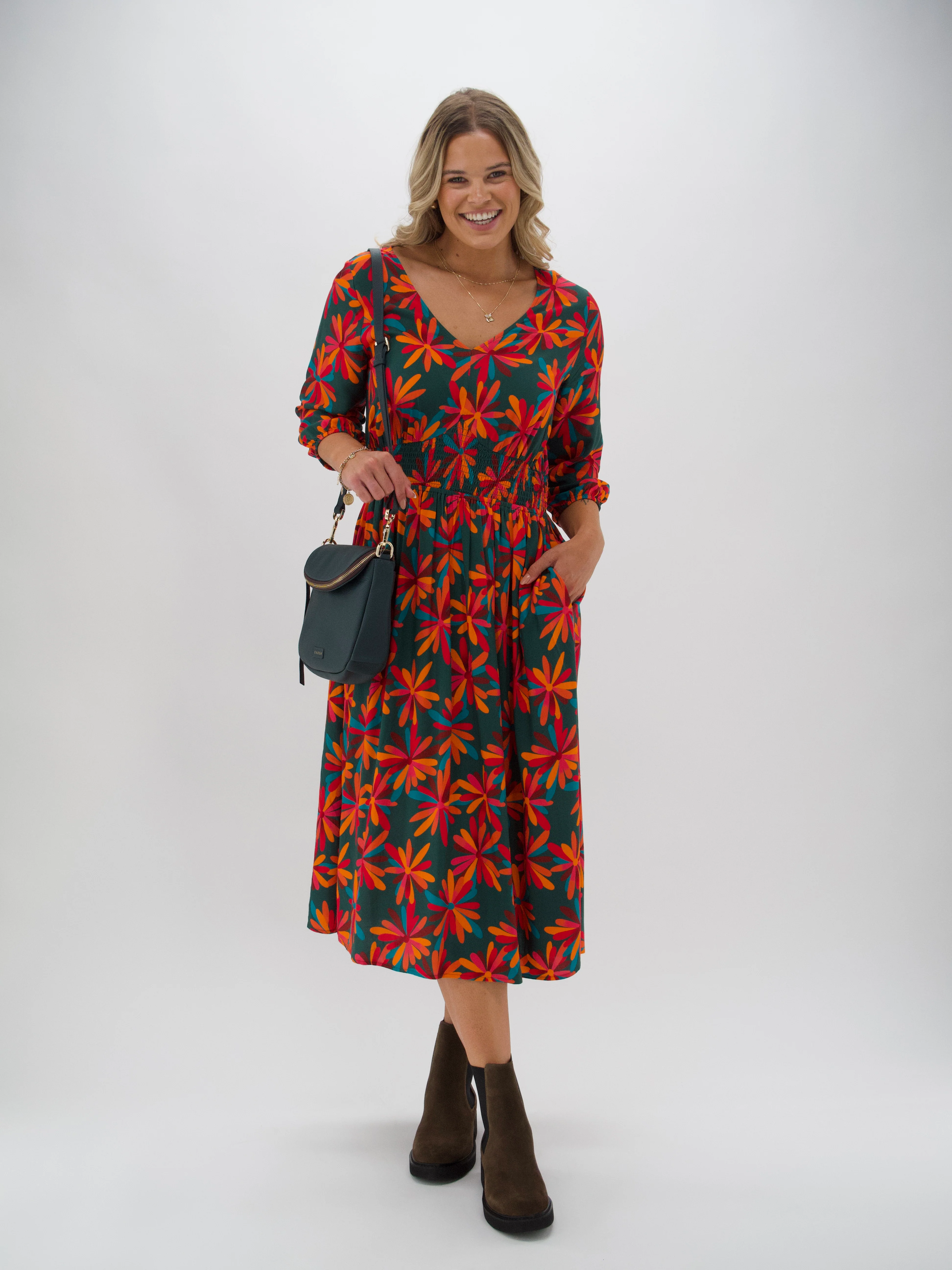 Shine On Label Marina Shirred Waist Dress Floral Geo print