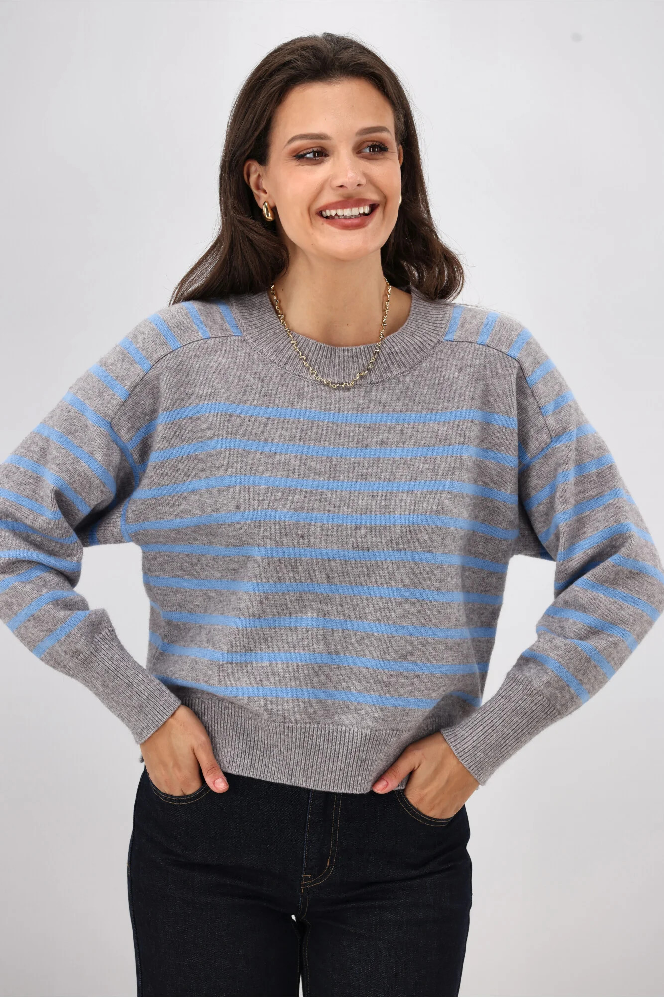 Shine On Label Meli Stripe Knitwear Grey Marle With Blue Stripe - Image 2