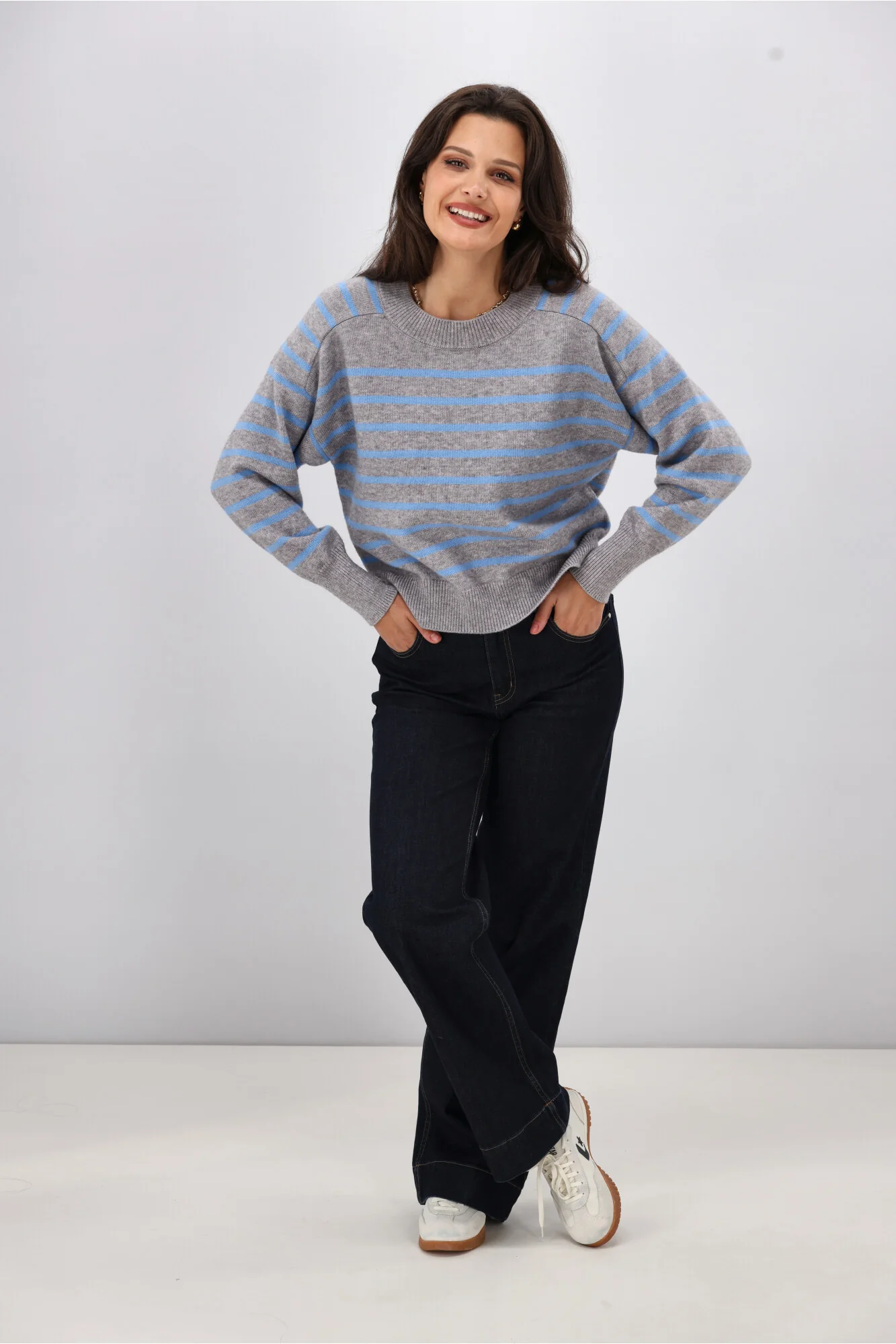 Shine On Label Meli Stripe Knitwear Grey Marle With Blue Stripe - Image 3