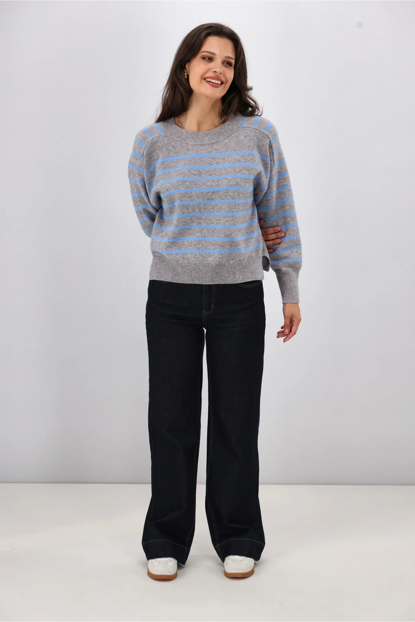 Shine On Label Meli Stripe Knitwear Grey Marle With Blue Stripe - Image 4