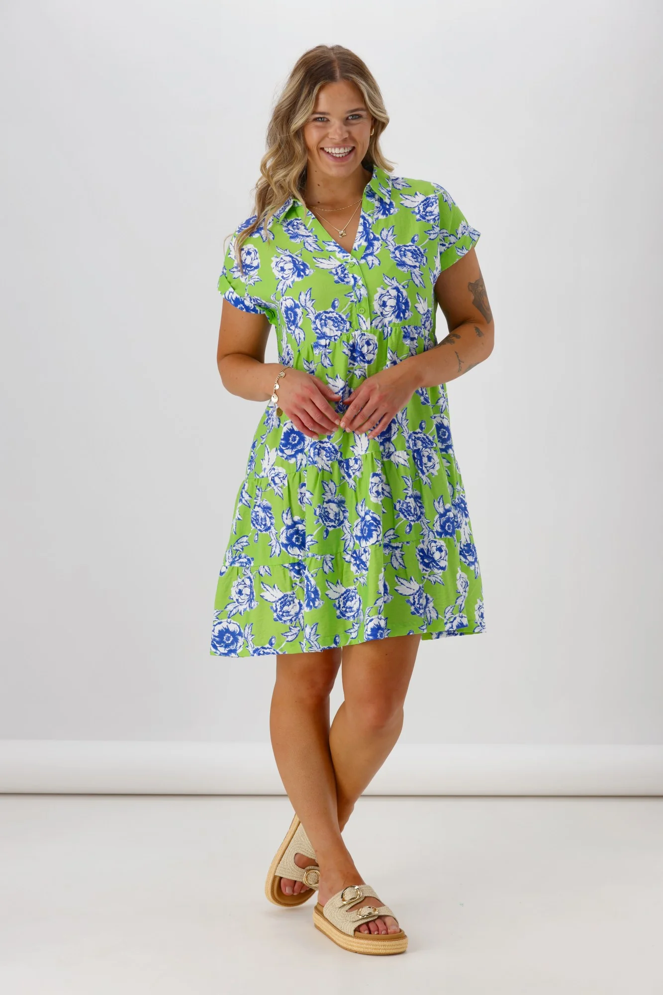 Shine On Label Millie Cap Sleeve Dress Lime Floral - Image 2