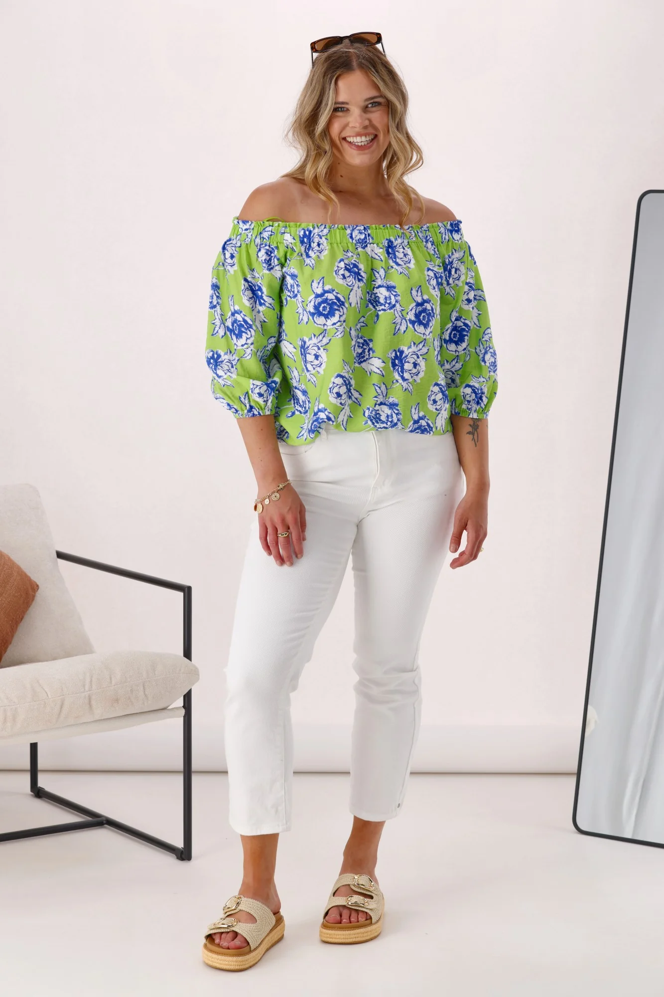 Shine On Label Millie Off the Shoulder Top Lime Floral - Image 6