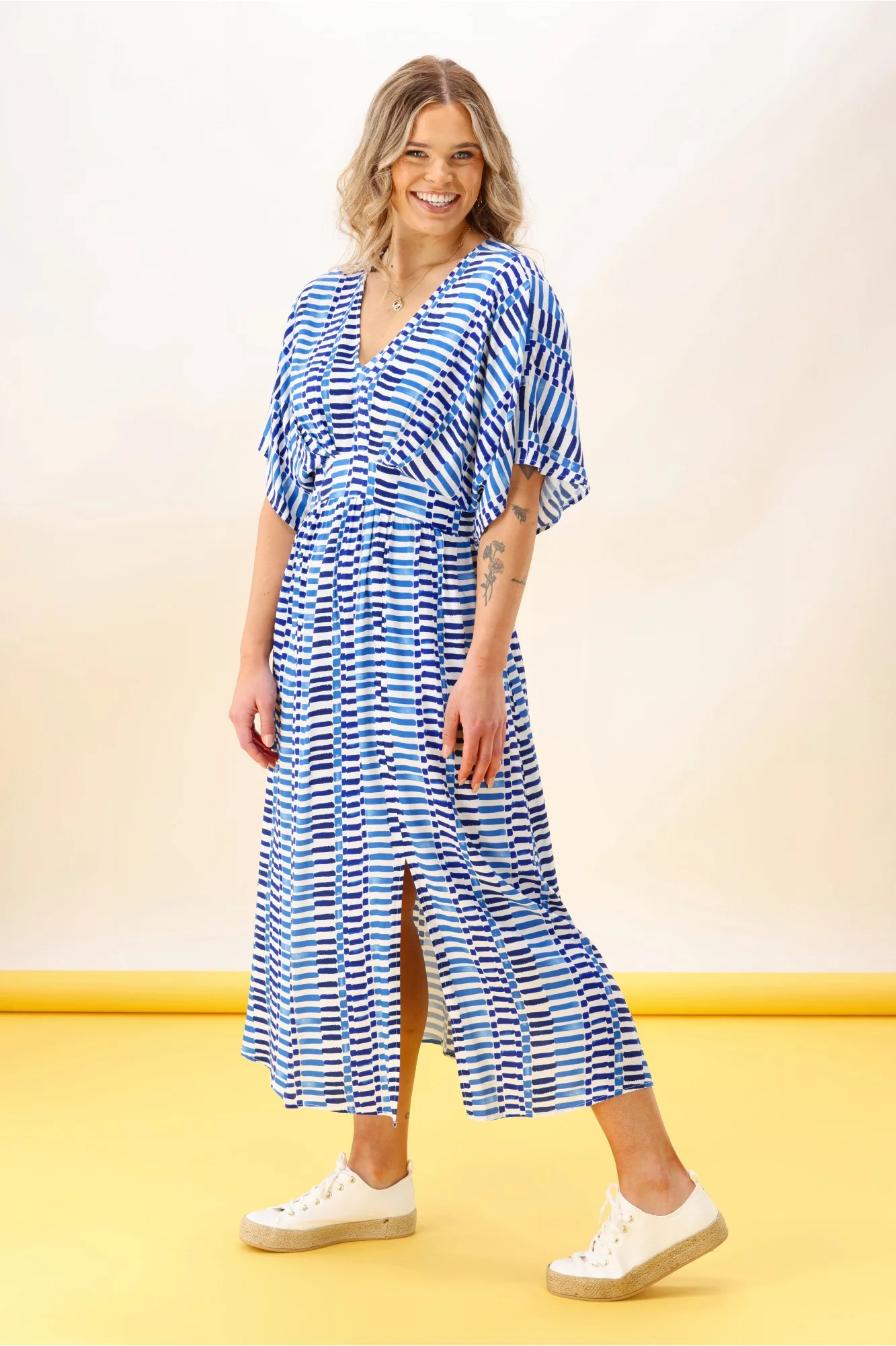Shine On Label Morgan Kimono Dress Blue Line Print - Image 5