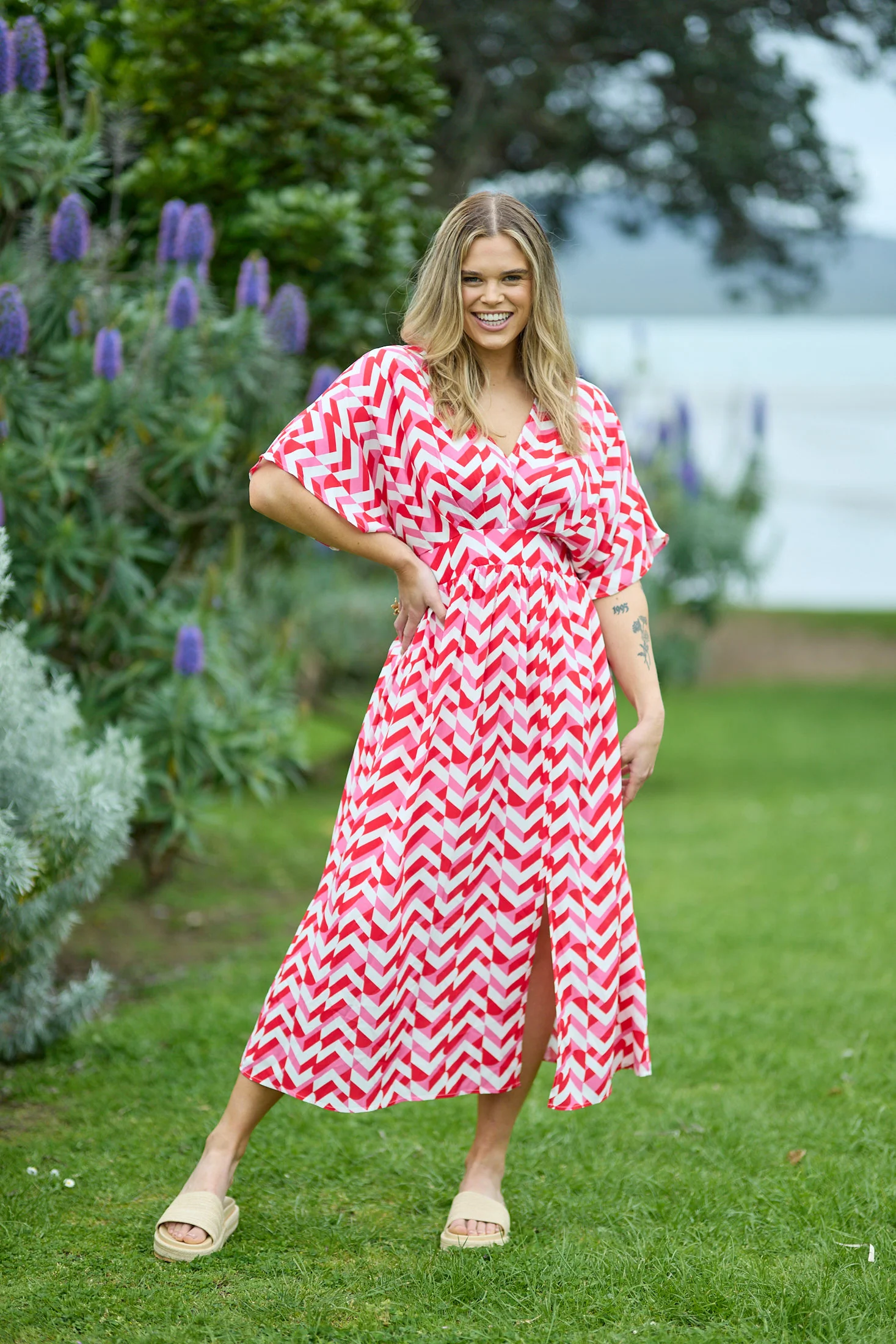 Shine On Label Morgan Kimono Dress Red Pink Geo