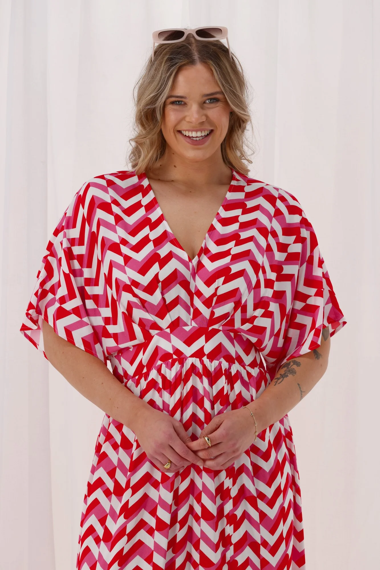 Shine On Label Morgan Kimono Dress Red Pink Geo - Image 6