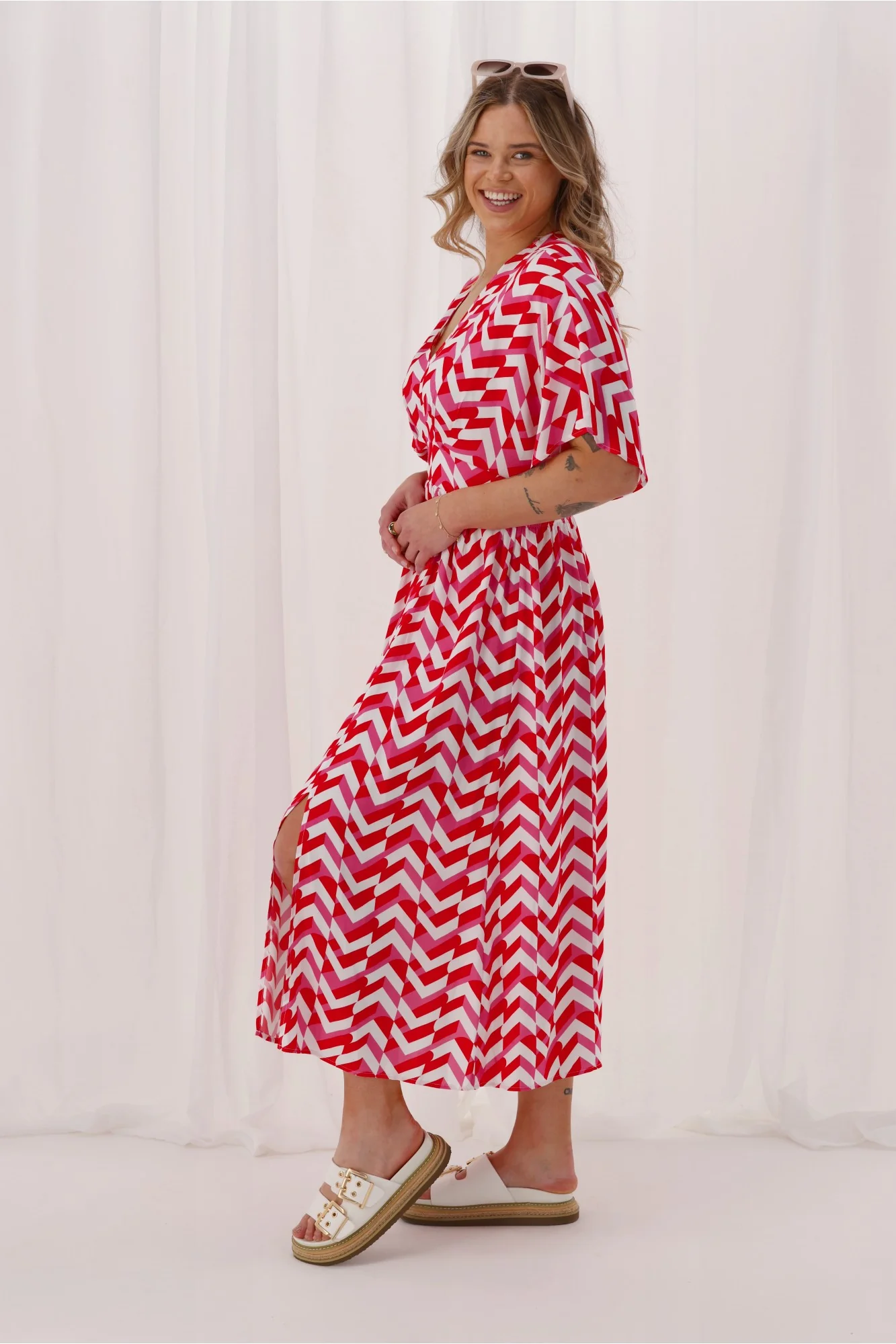 Shine On Label Morgan Kimono Dress Red Pink Geo - Image 7