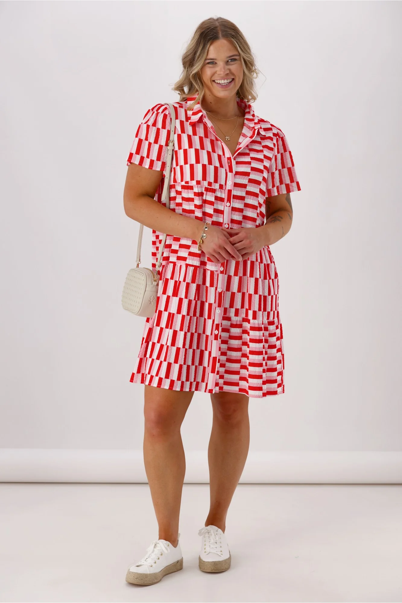 Shine On Label Multi Panel Shirt Dress Pink Red Check
