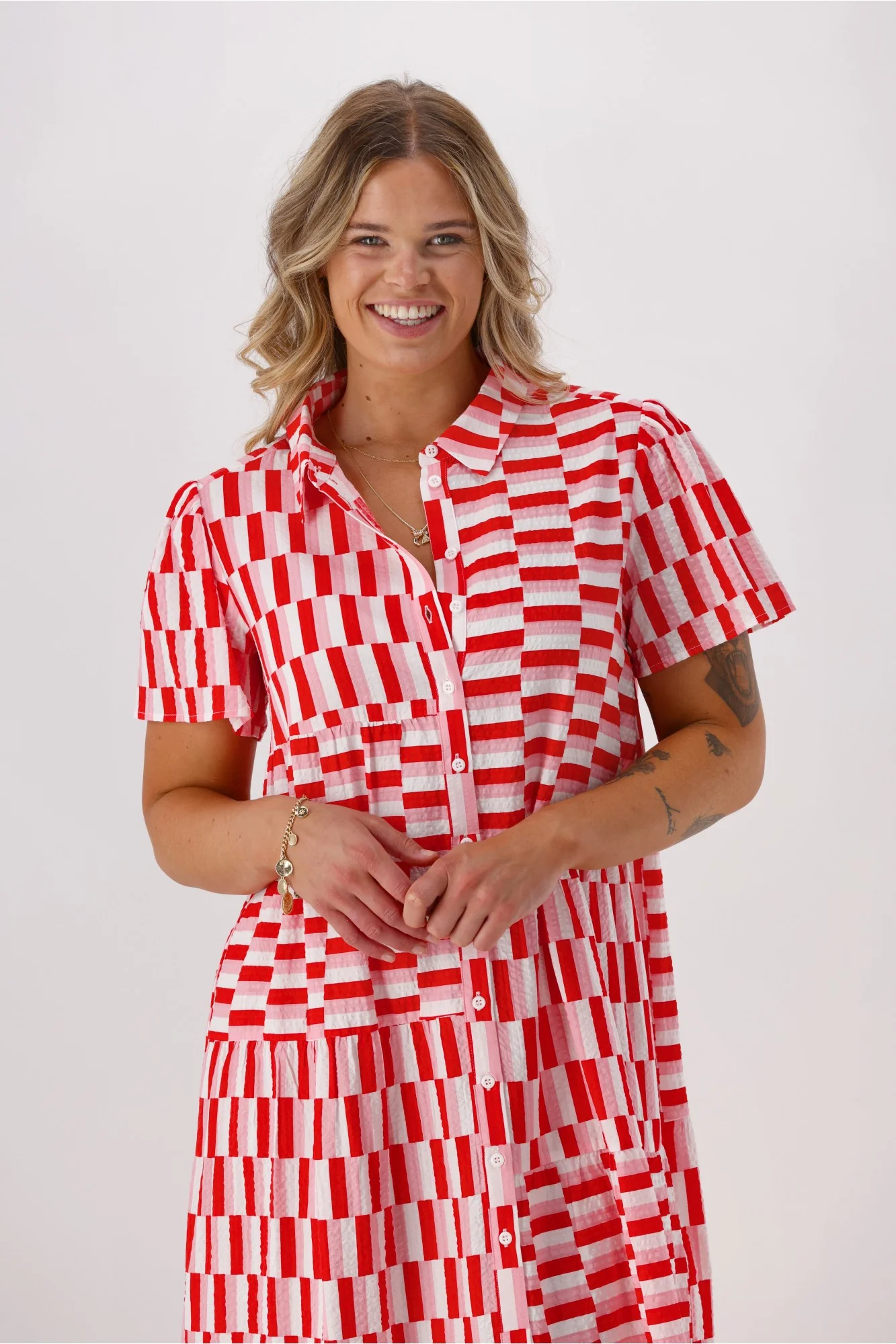 Shine On Label Multi Panel Shirt Dress Pink Red Check - Image 2