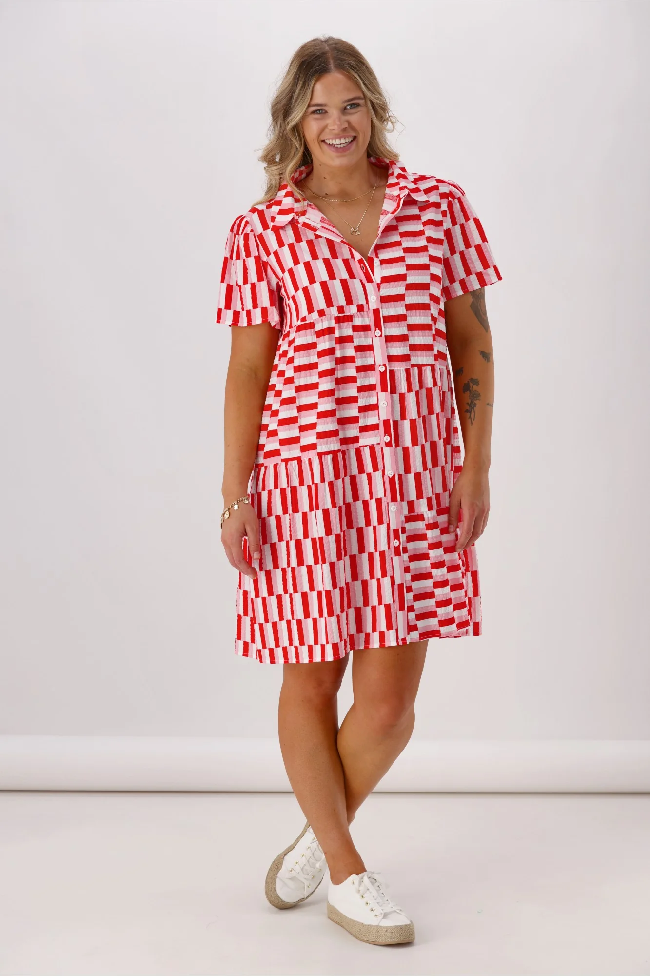 Shine On Label Multi Panel Shirt Dress Pink Red Check - Image 4
