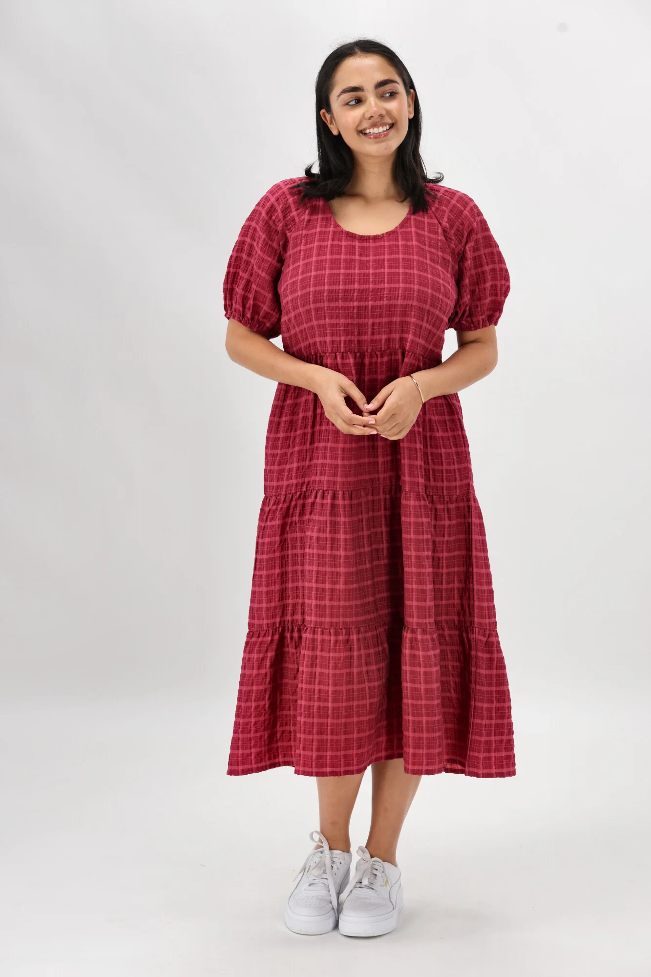 Shine On Label Odessa Tiered Midi Dress Claret