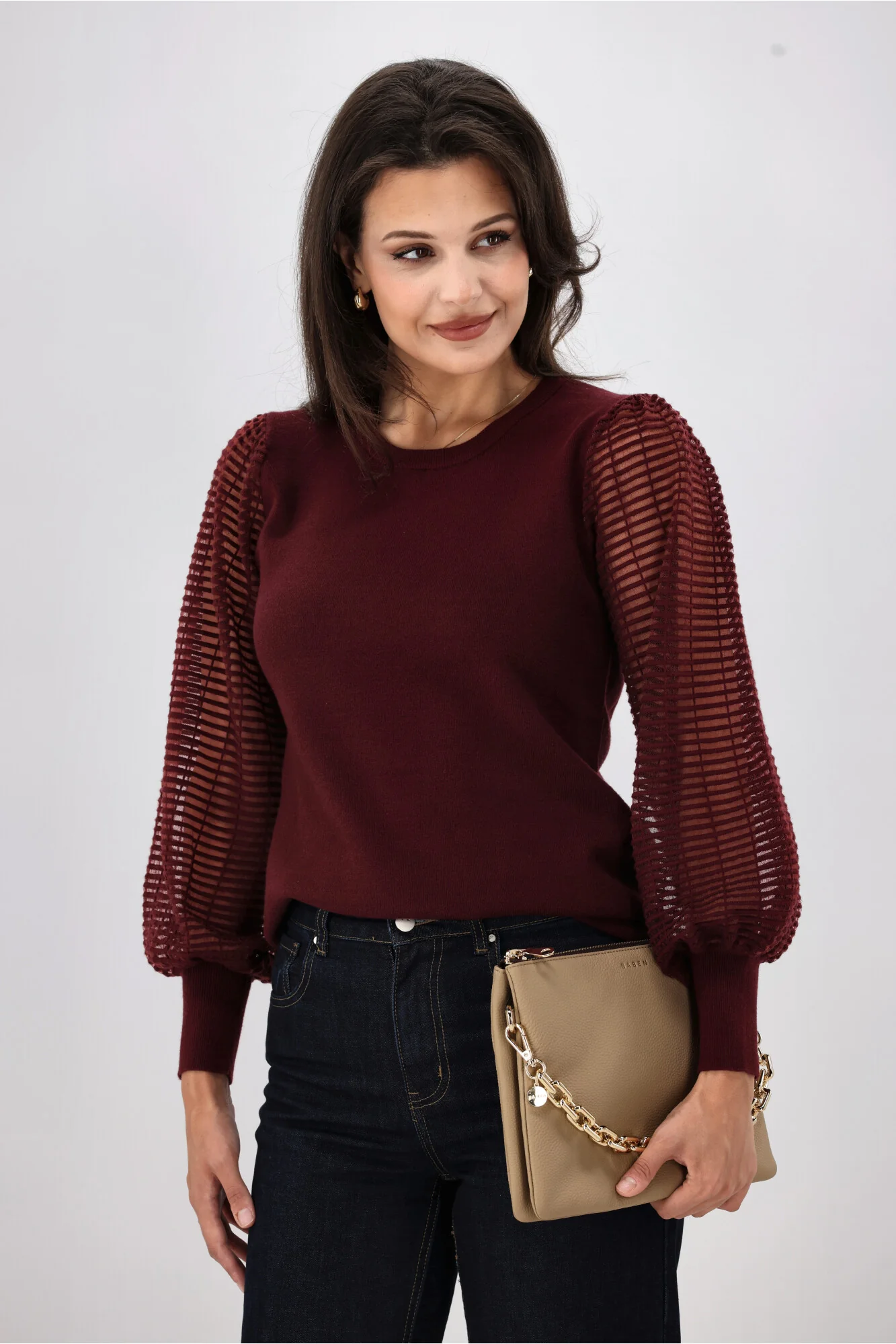 Shine On Label Olivia Contrast Sleeve Knit Top Merlot - Image 5