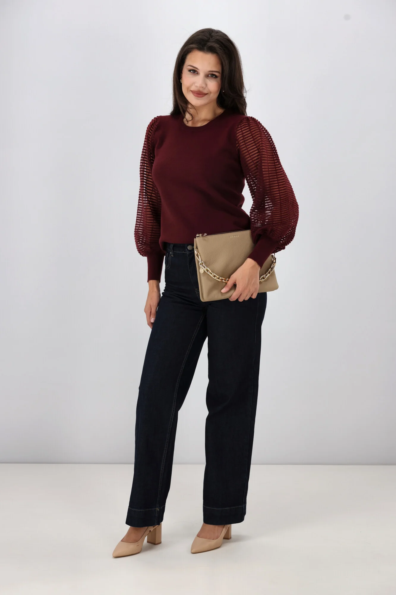 Shine On Label Olivia Contrast Sleeve Knit Top Merlot - Image 6