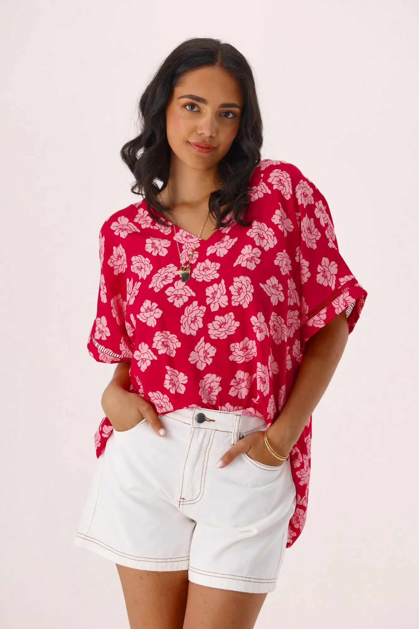 Shine On Label Portofino V Neck Top Berry Floral - Image 3