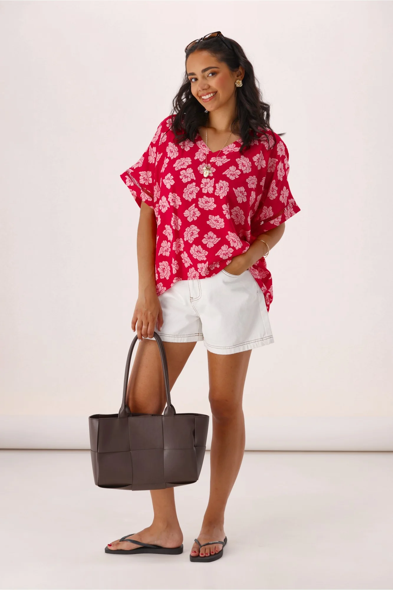 Shine On Label Portofino V Neck Top Berry Floral - Image 4