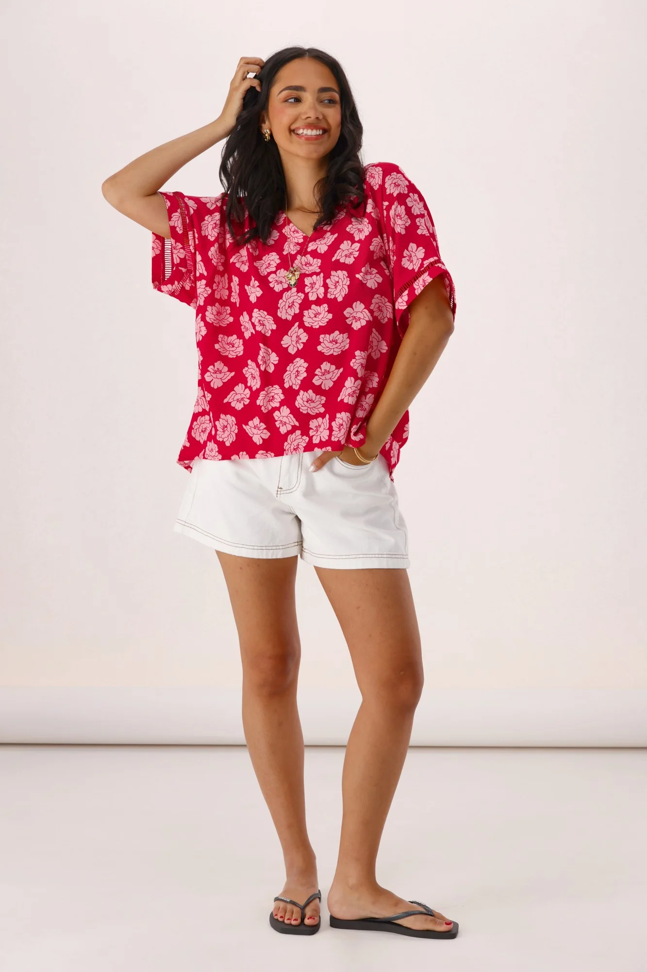 Shine On Label Portofino V Neck Top Berry Floral - Image 5