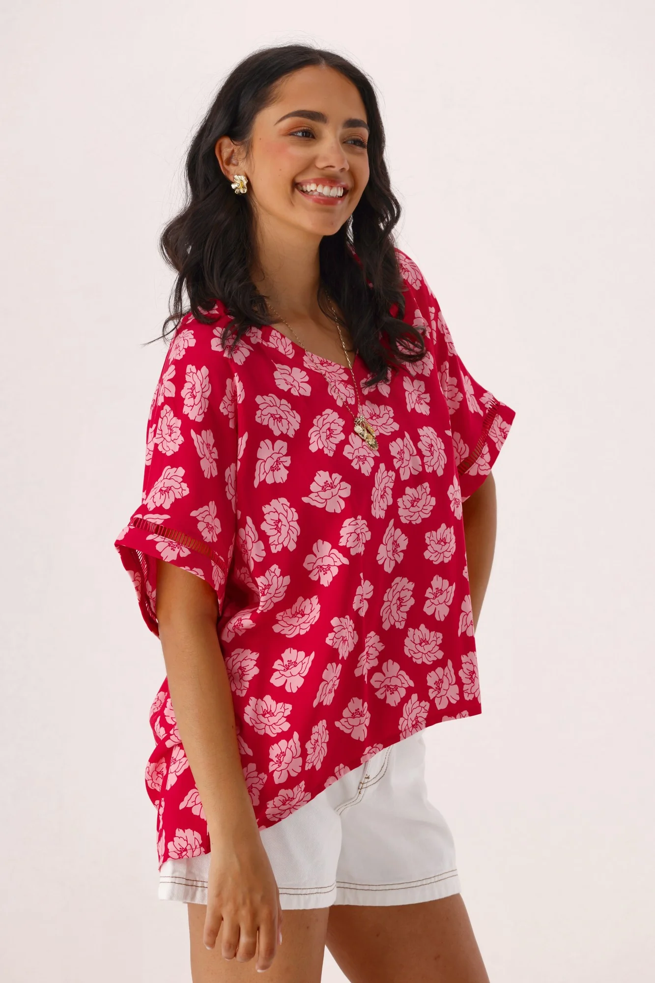 Shine On Label Portofino V Neck Top Berry Floral - Image 6