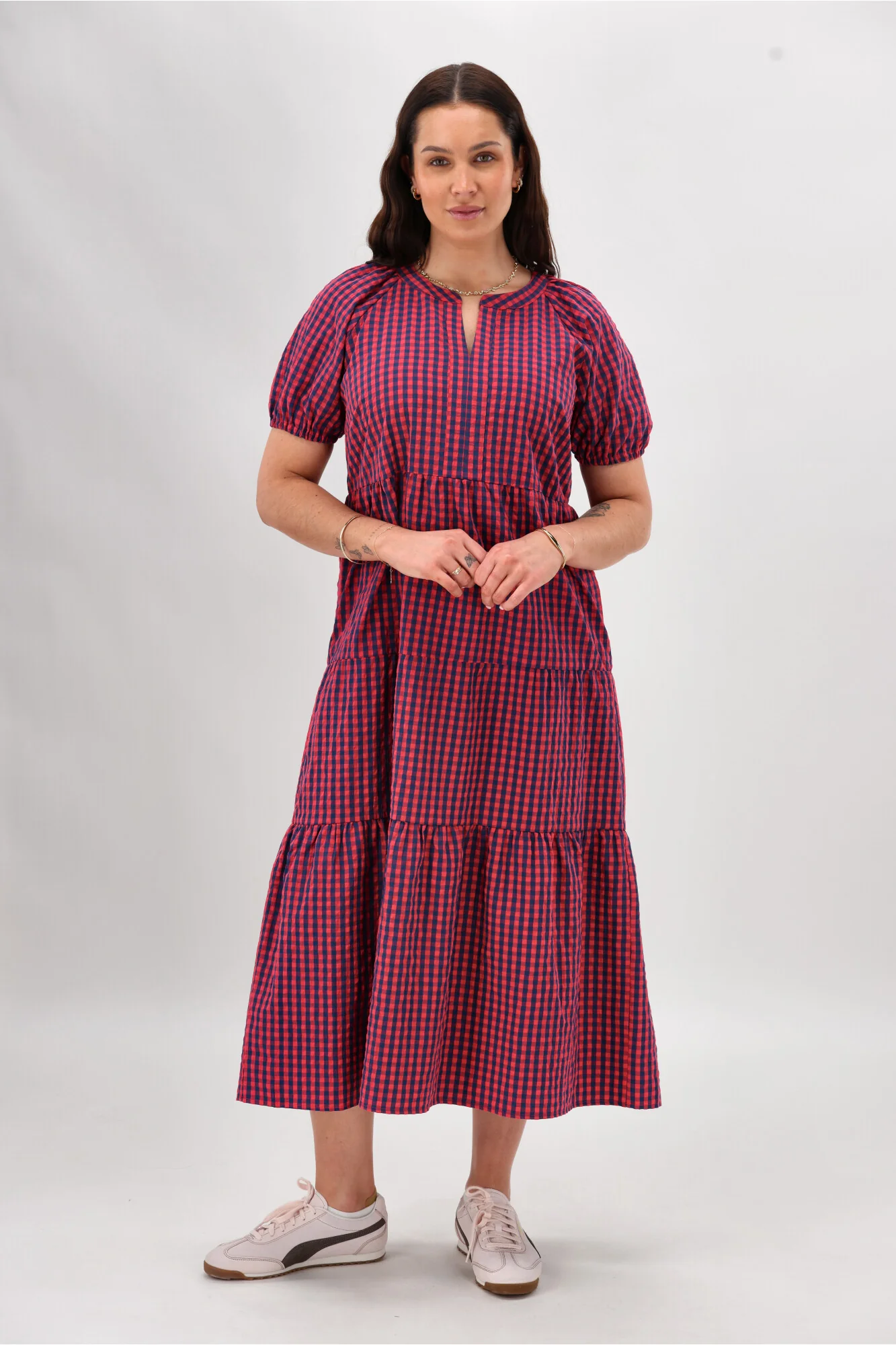 Shine On Label Rachel Dress Navy Pink Check - Image 7