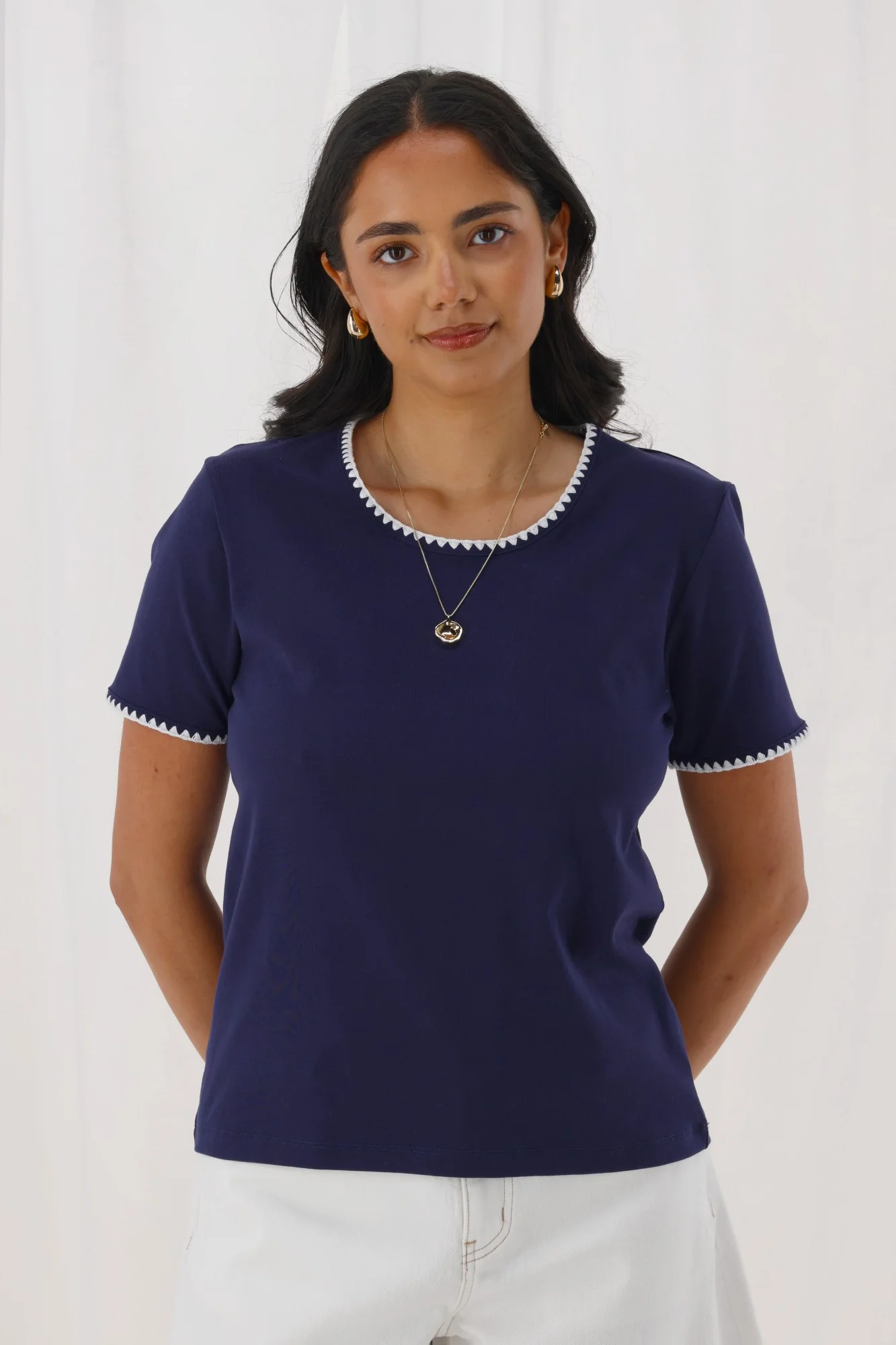 Shine On Label Romina Blanket Stitch Tee Navy w White Stitch - Image 2