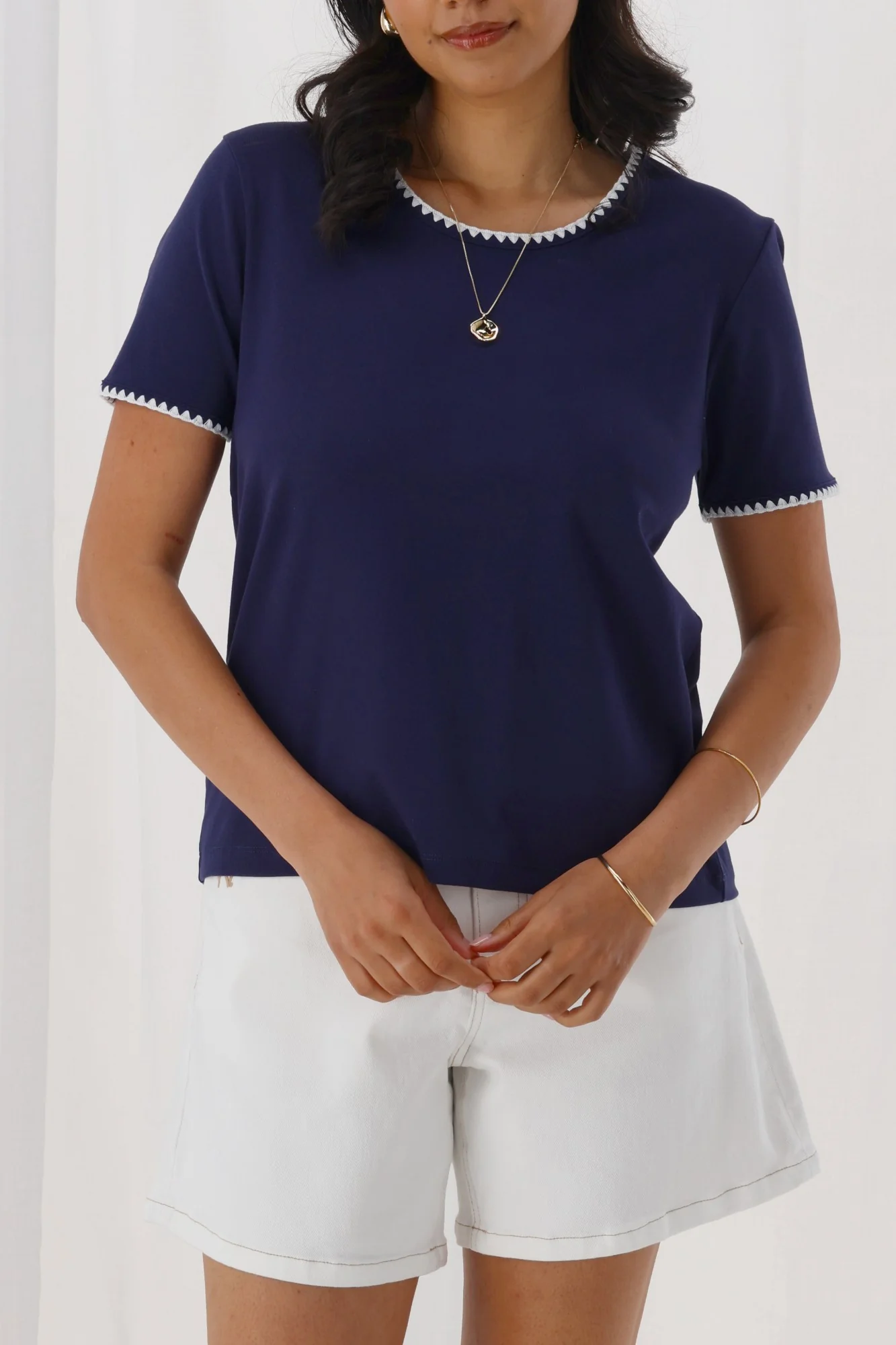Shine On Label Romina Blanket Stitch Tee Navy w White Stitch - Image 3