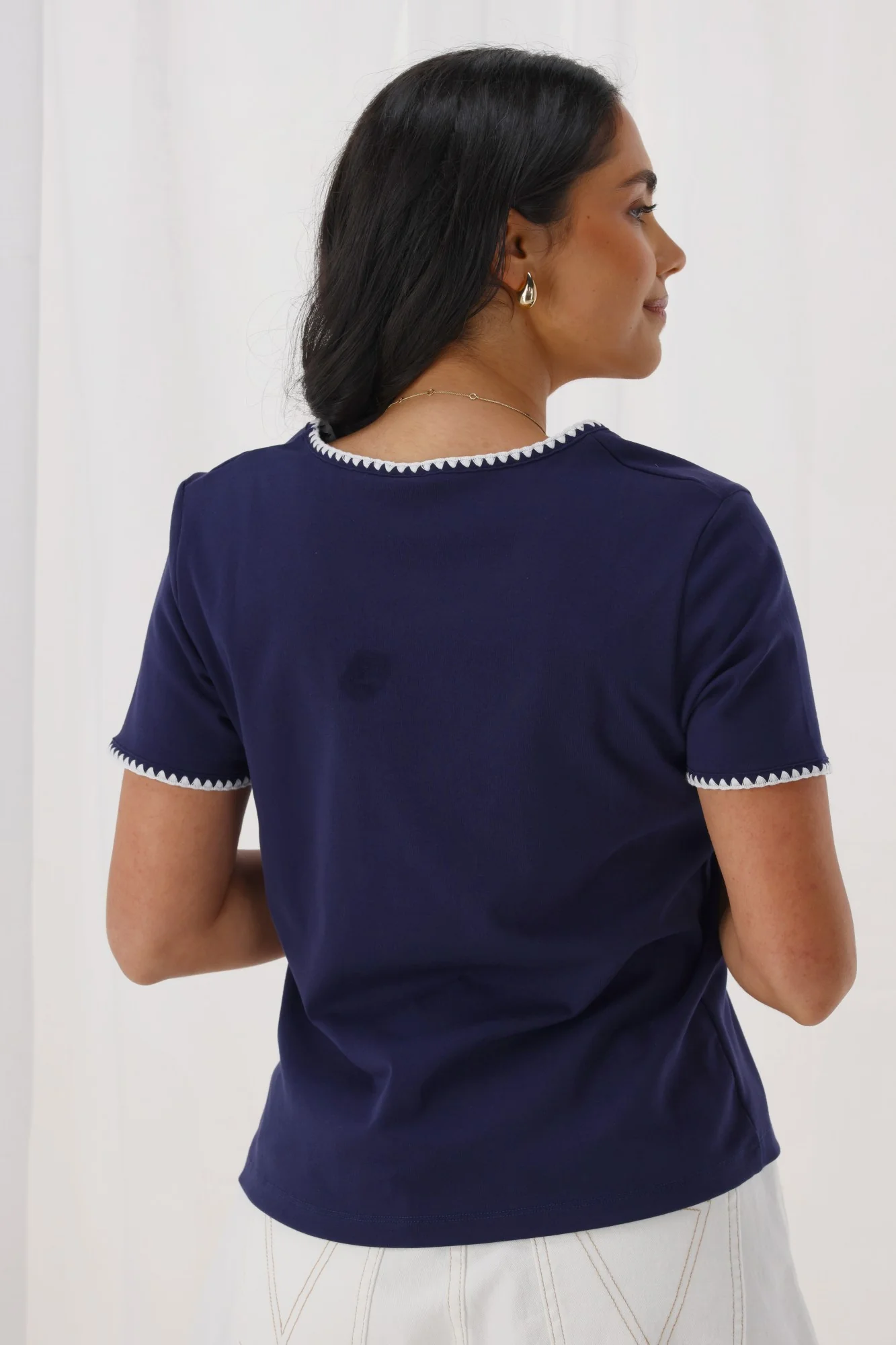 Shine On Label Romina Blanket Stitch Tee Navy w White Stitch - Image 6