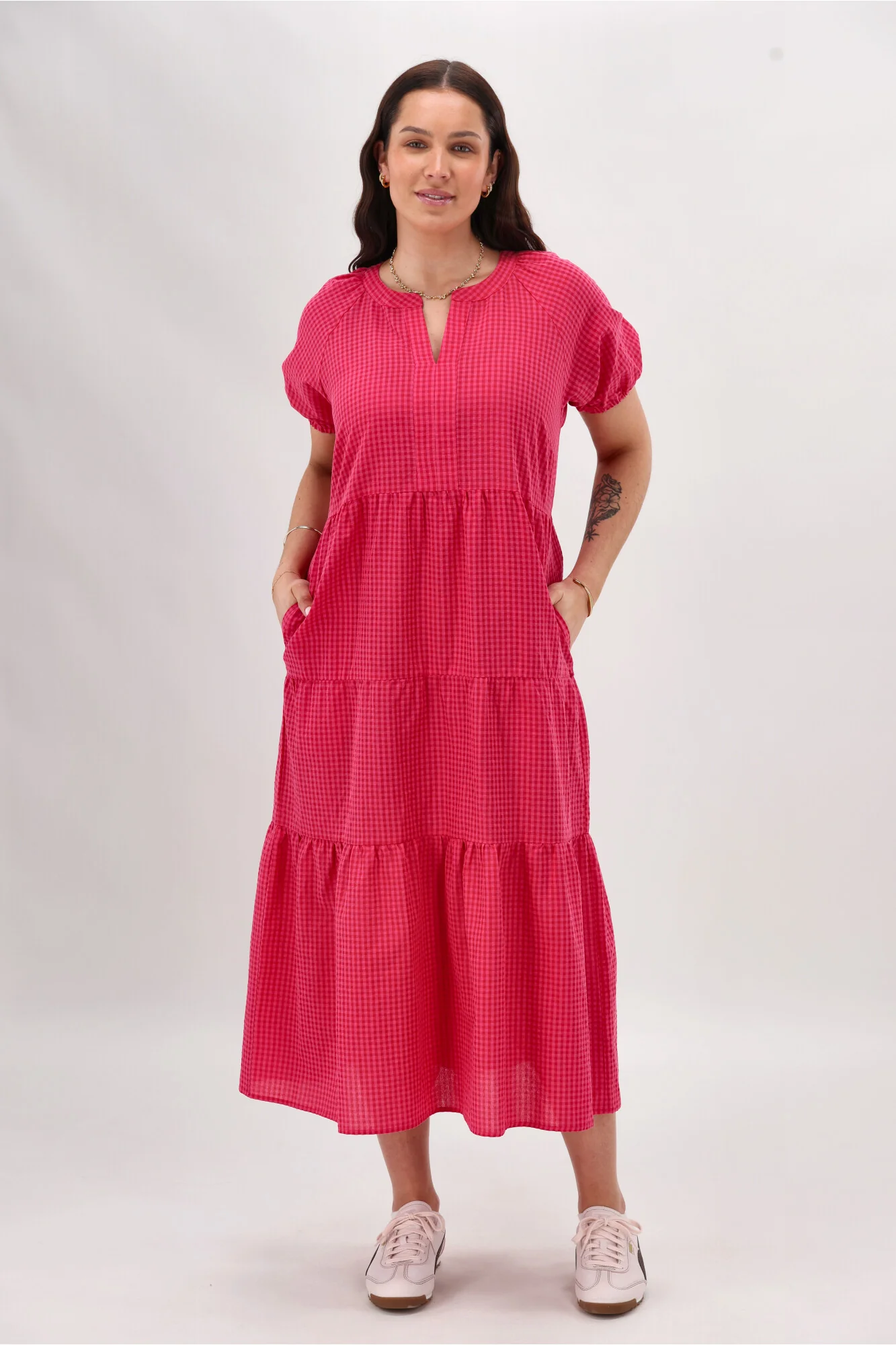 Shine On Label Sarah Dress Pink Red Check - Image 3