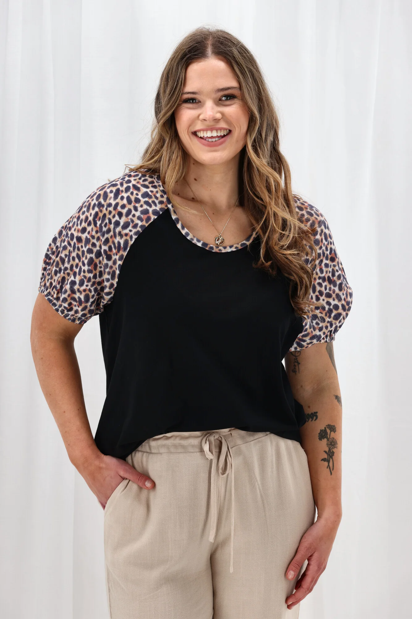 Shine On Label Sariah Animal Print Sleeve Top Black