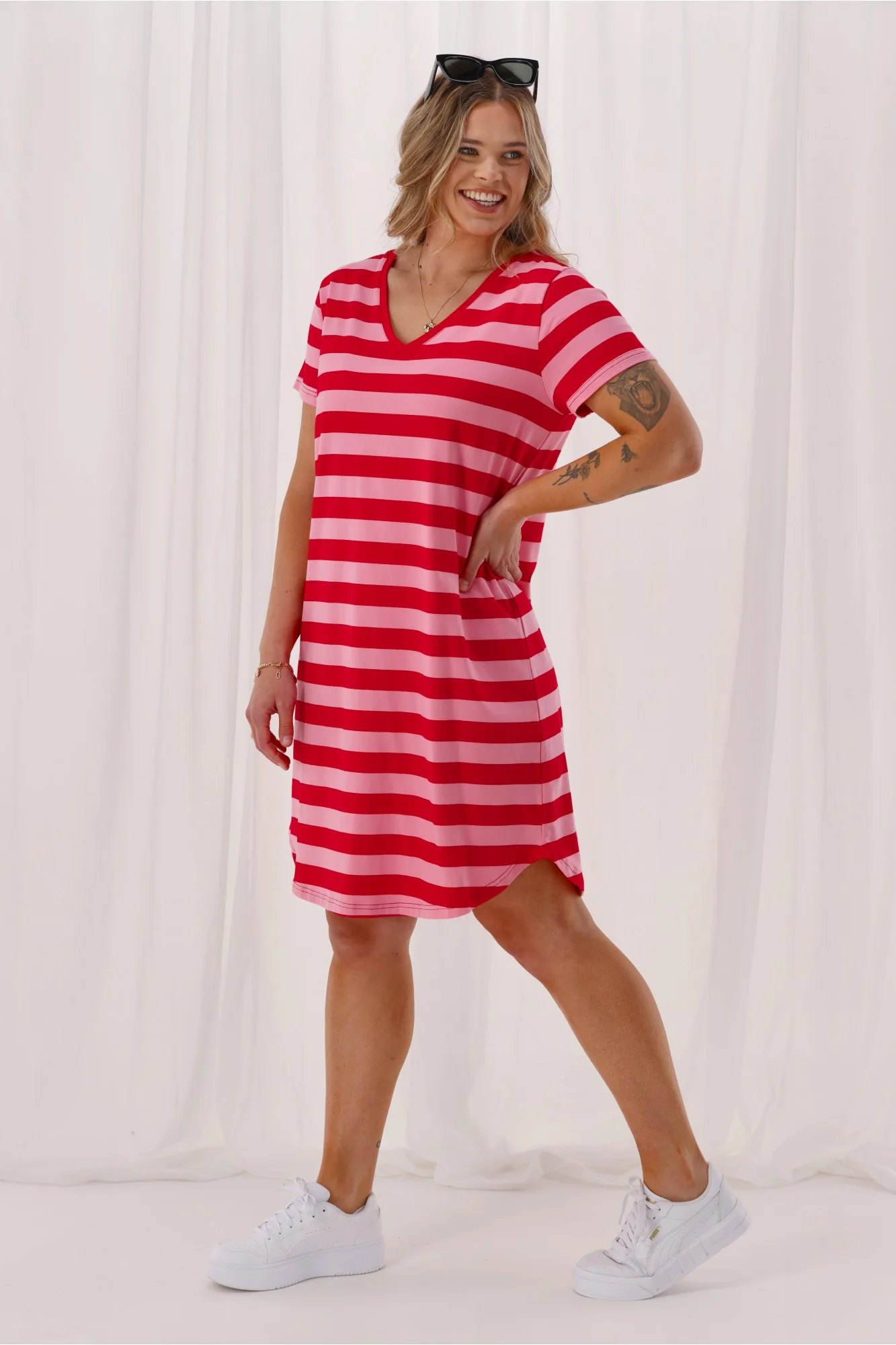 Shine On Label Seaside Dress Pink Red Stripe - Image 2