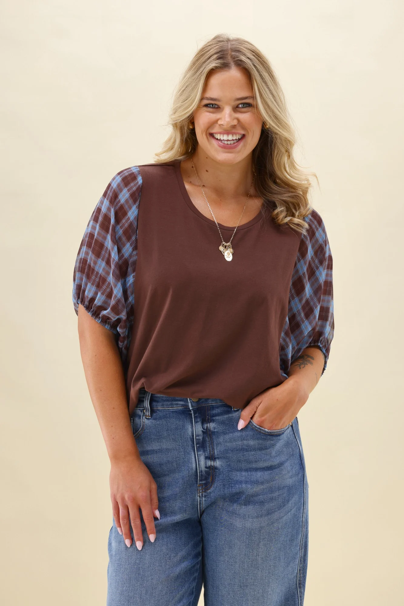 Shine On Label Selma Top Chocolate with Check Sleeve - Image 2