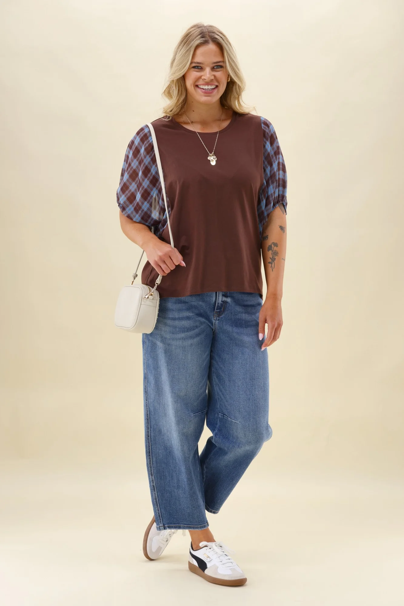 Shine On Label Selma Top Chocolate with Check Sleeve - Image 3