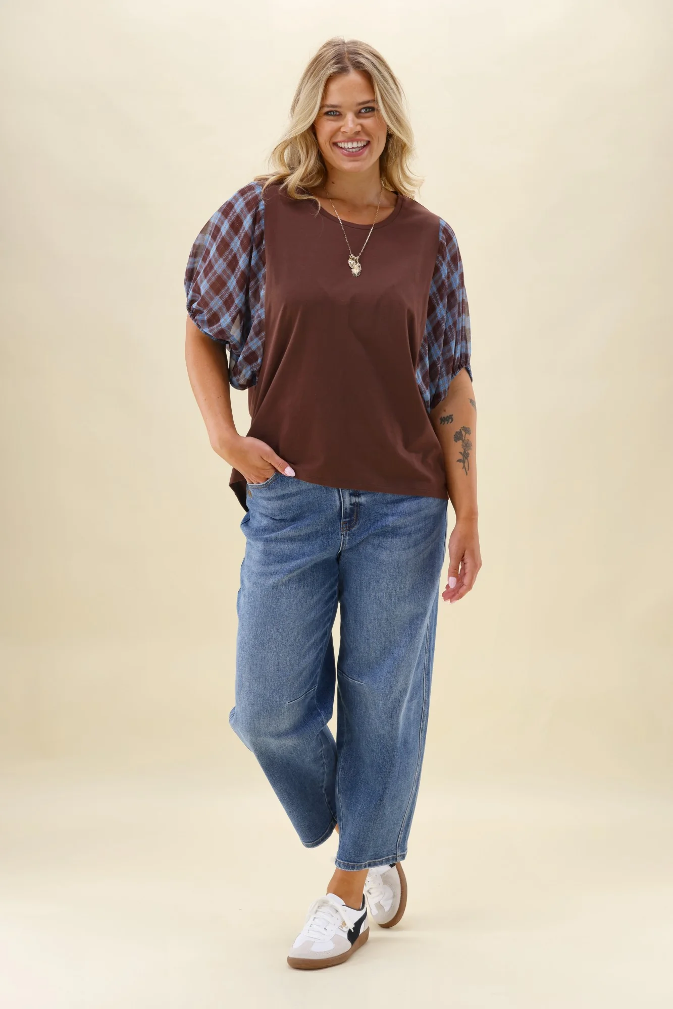 Shine On Label Selma Top Chocolate with Check Sleeve - Image 4