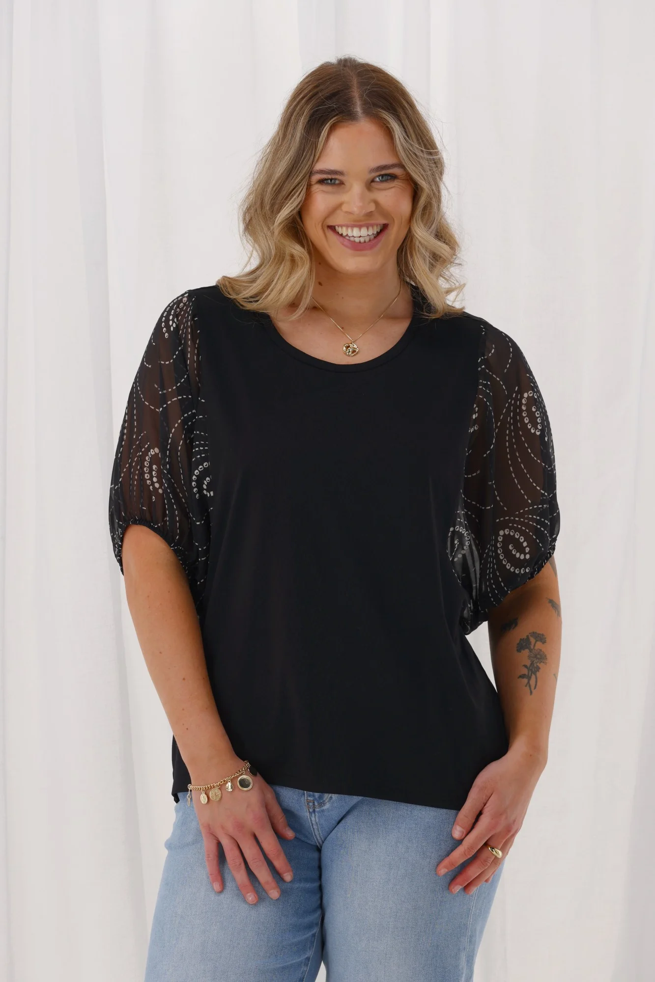 Shine On Label Selma Woven Sleeve Top Black Spiral Geo Print