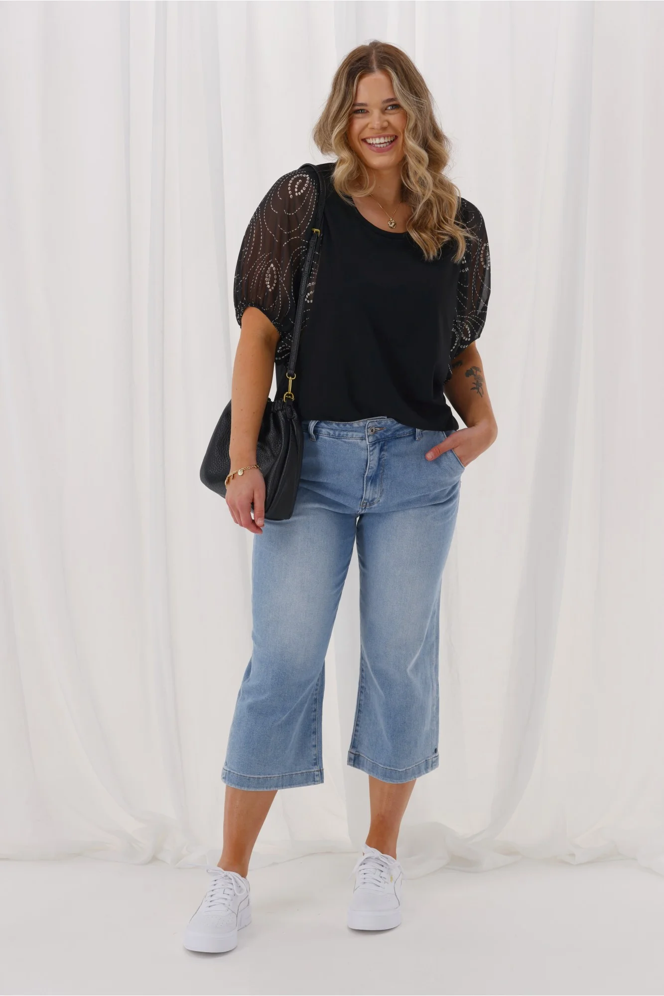Shine On Label Selma Woven Sleeve Top Black Spiral Geo Print - Image 3