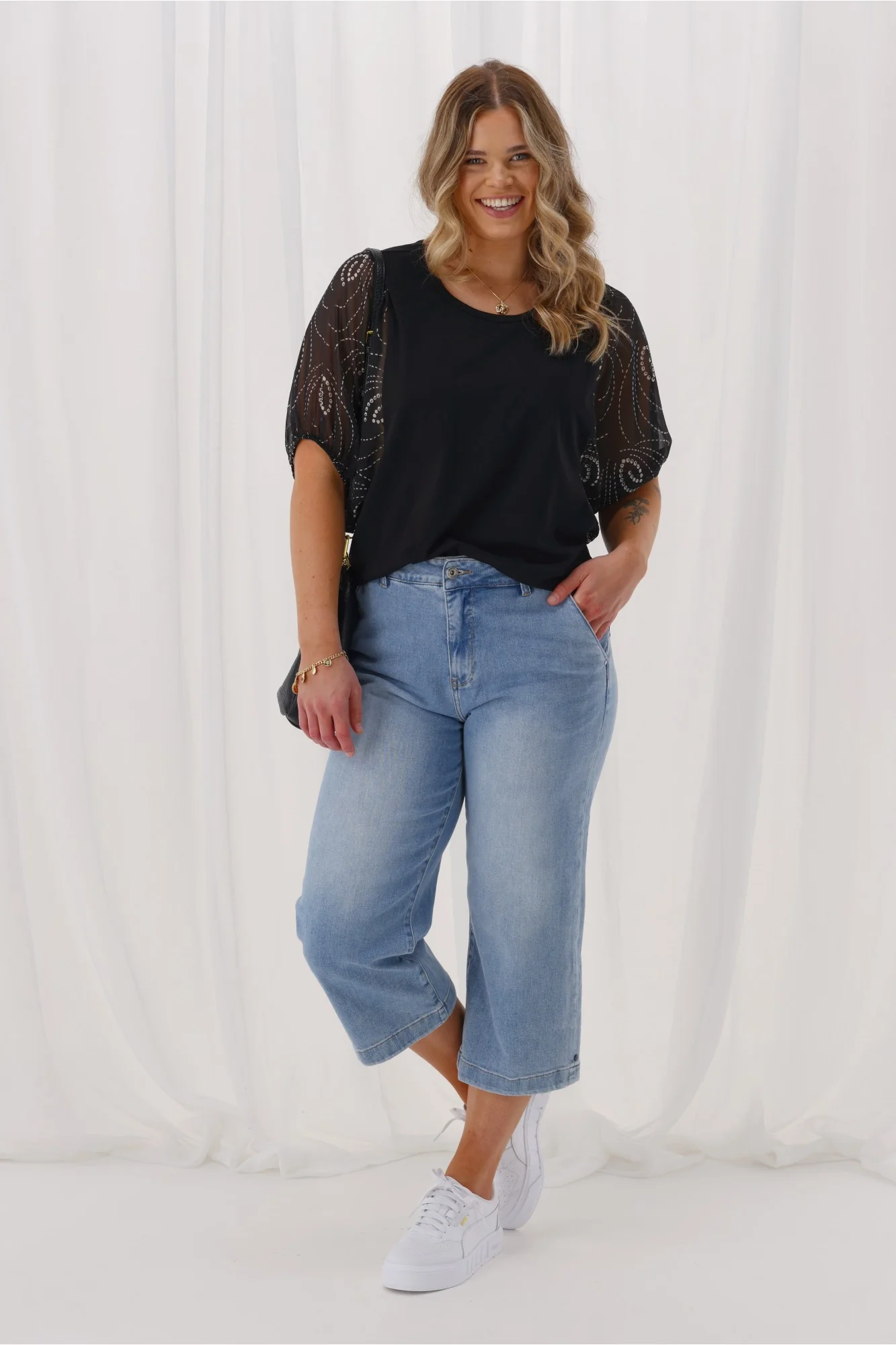 Shine On Label Selma Woven Sleeve Top Black Spiral Geo Print - Image 4