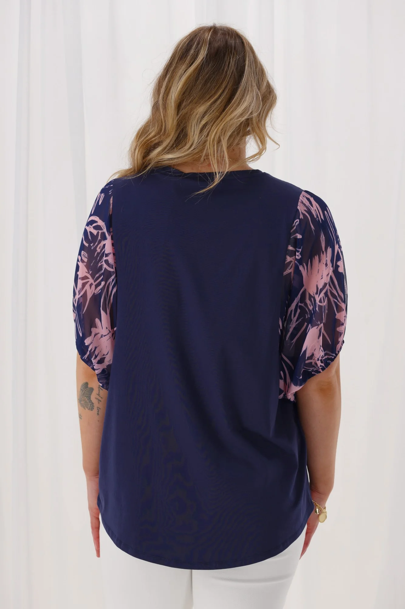 Shine On Label Selma Woven Sleeve Top Navy Pink Floral Print - Image 7
