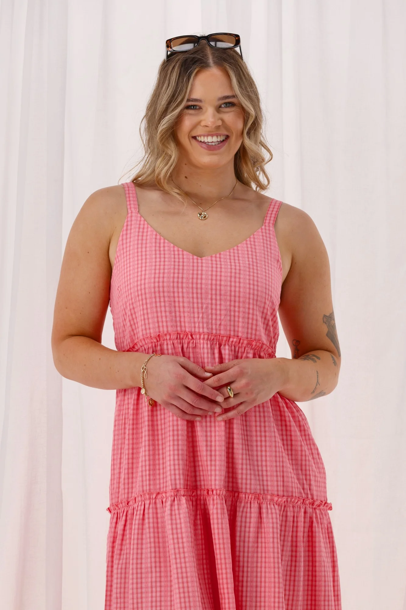 Shine On Label Shakayla Tiered Frill Dress Coral Check - Image 2