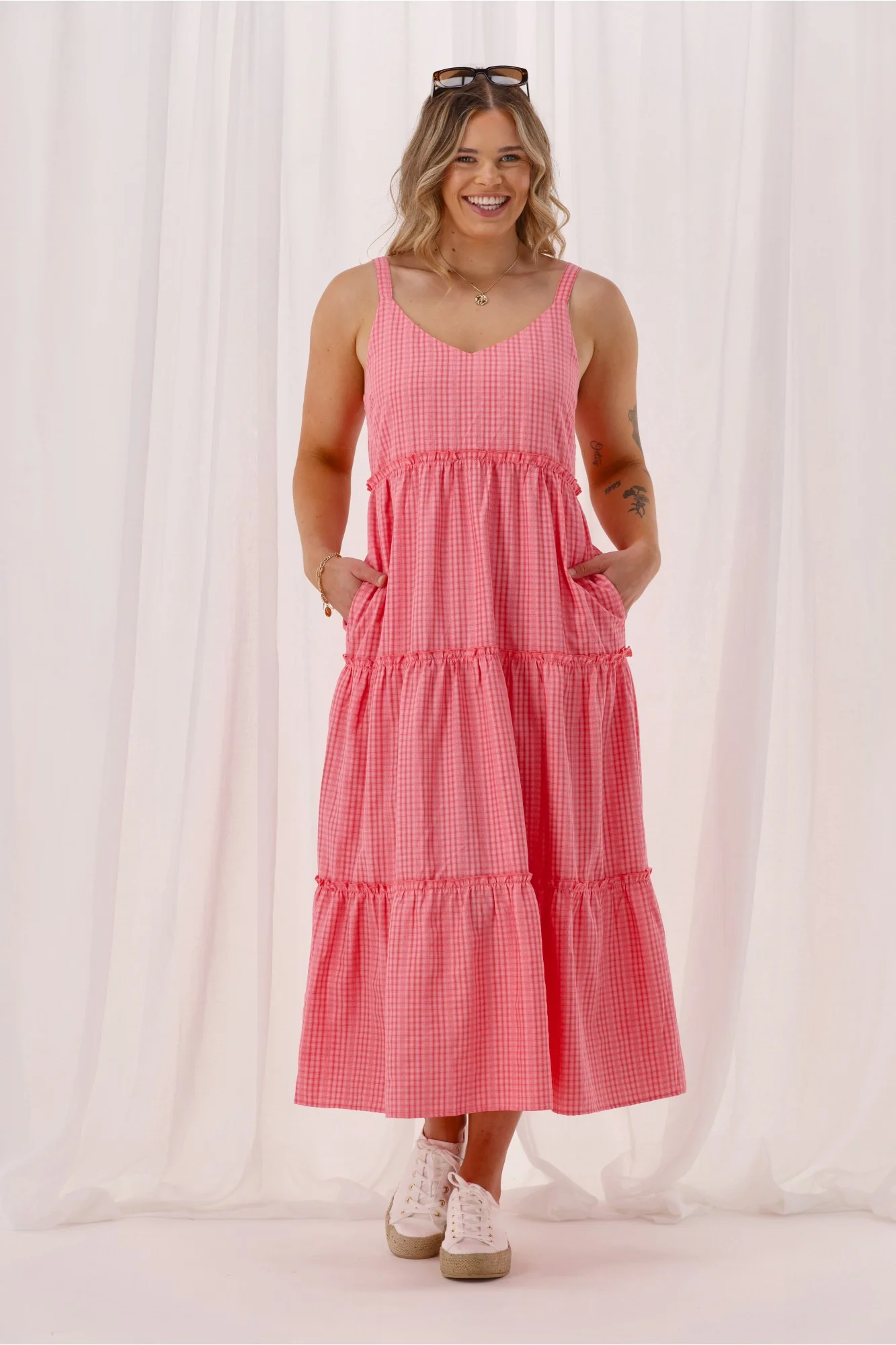 Shine On Label Shakayla Tiered Frill Dress Coral Check - Image 3