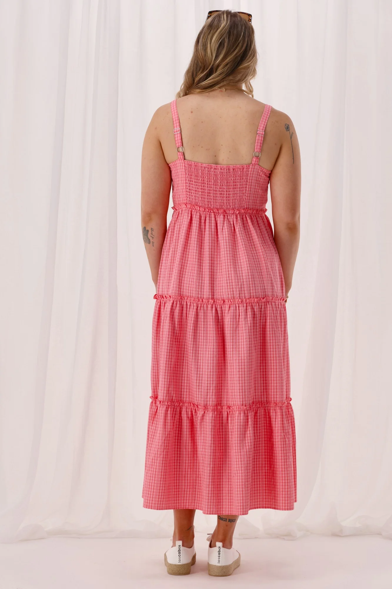Shine On Label Shakayla Tiered Frill Dress Coral Check - Image 7