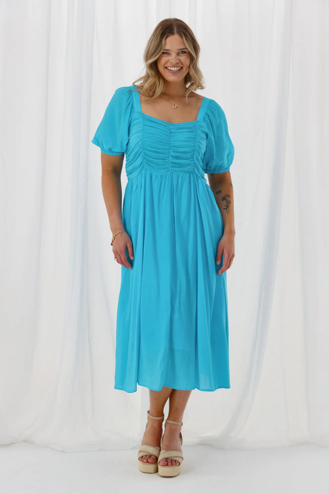 Shine On Label Sharni Draped Bodice Dress Turquoise - Image 3