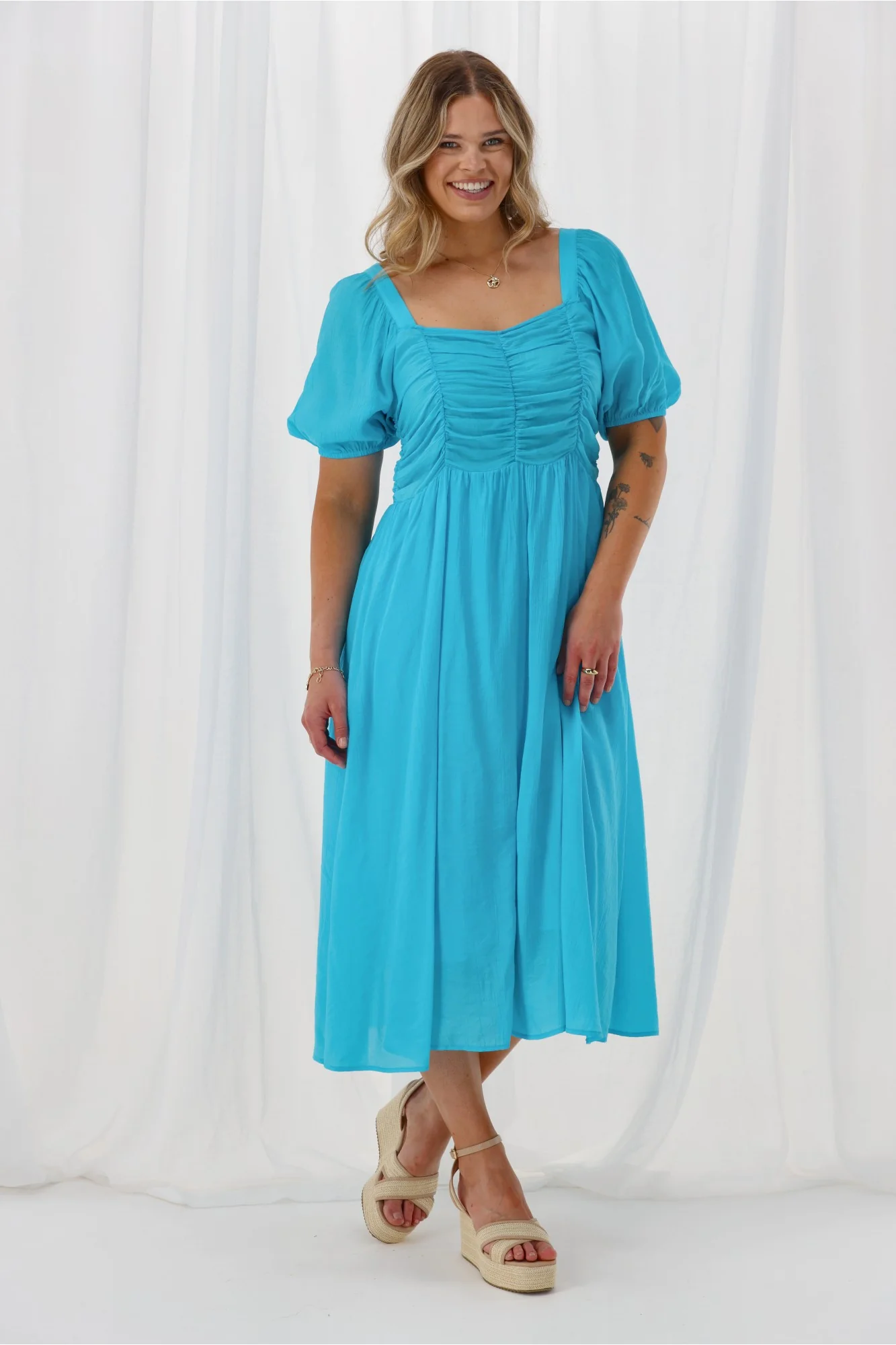 Shine On Label Sharni Draped Bodice Dress Turquoise - Image 4