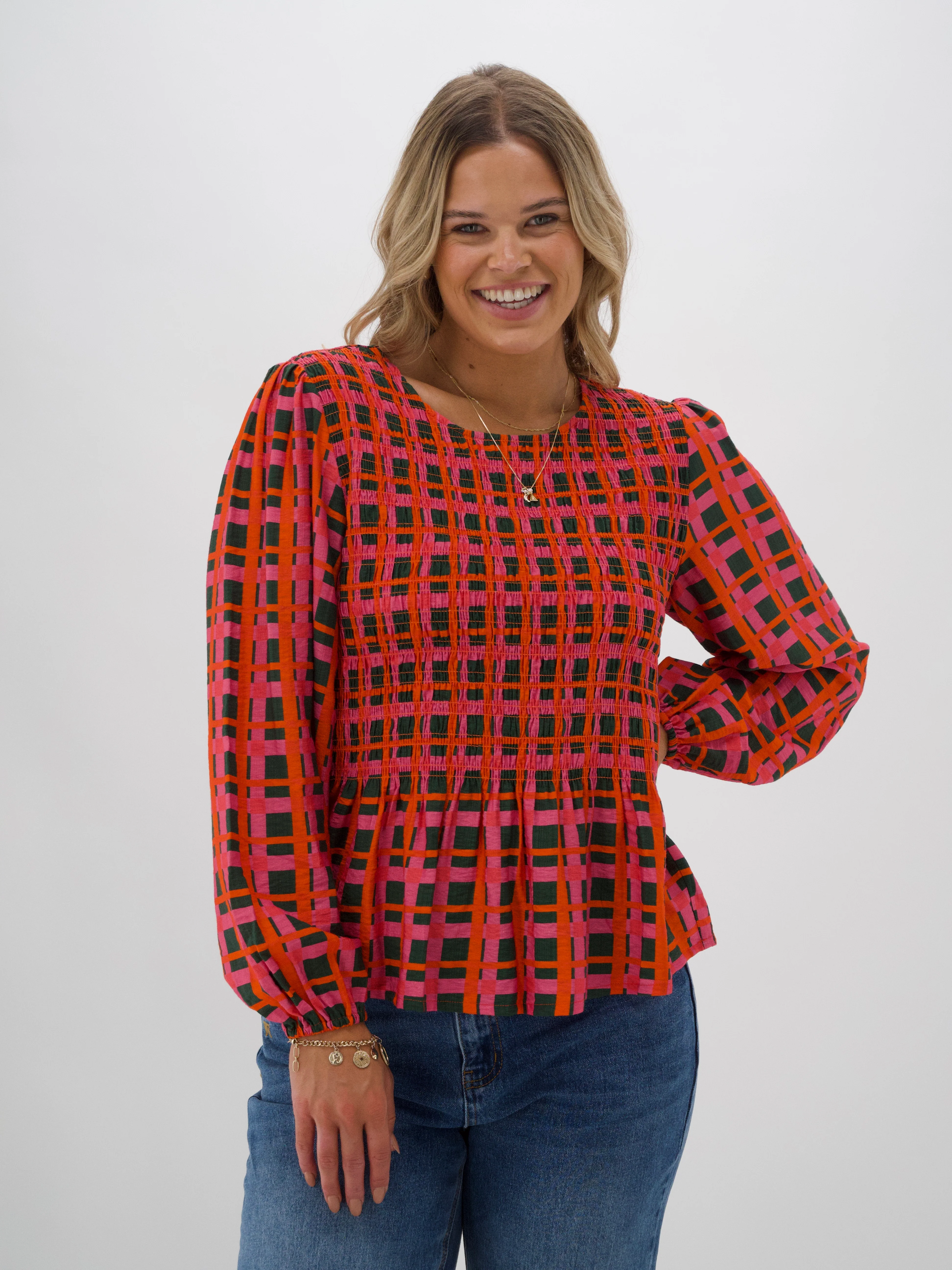 Shine On Label Sherry Shirred Top Forest Check