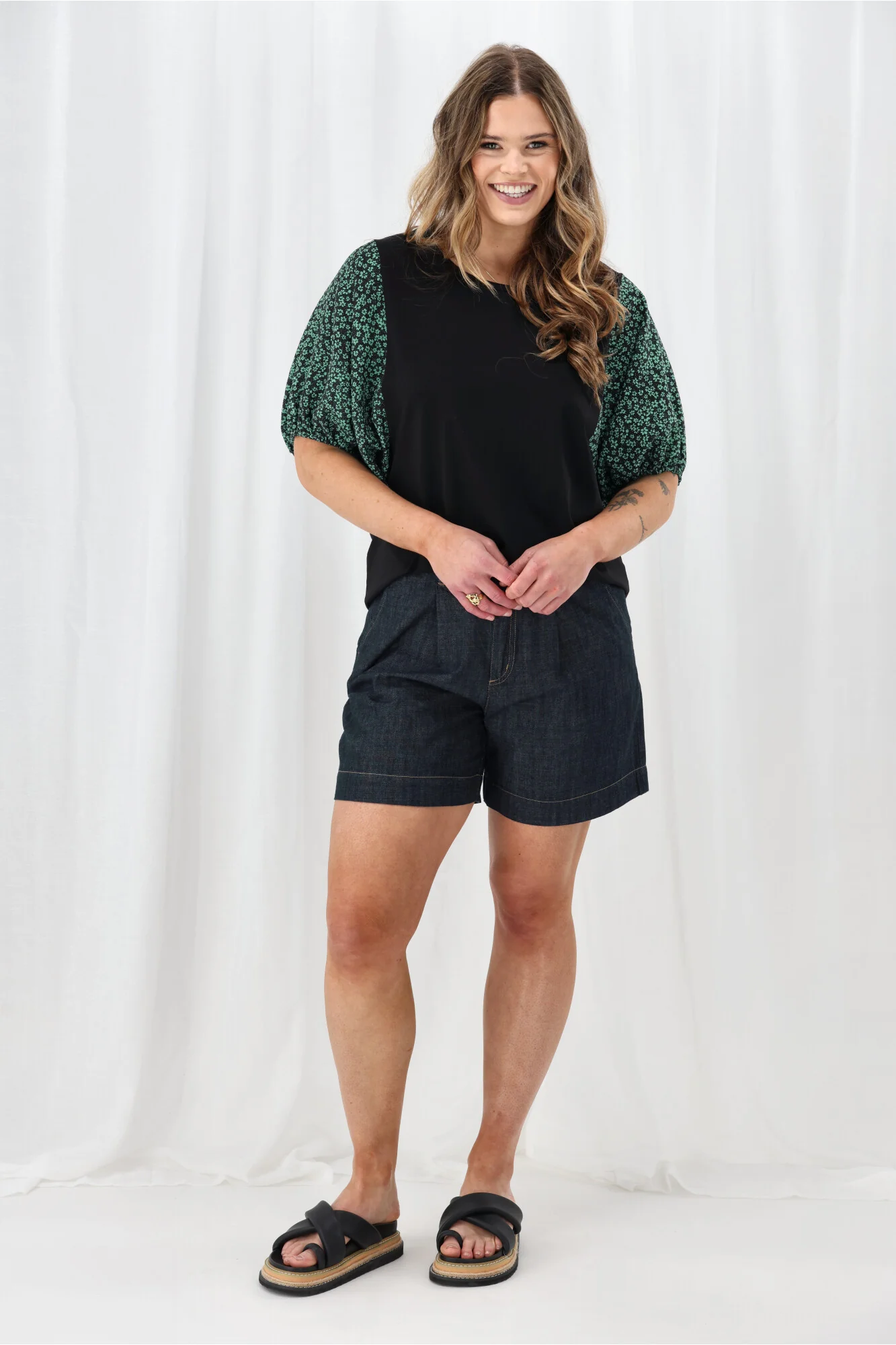 Shine On Label Sheyena Woven Sleeve Top Black w Green Floral