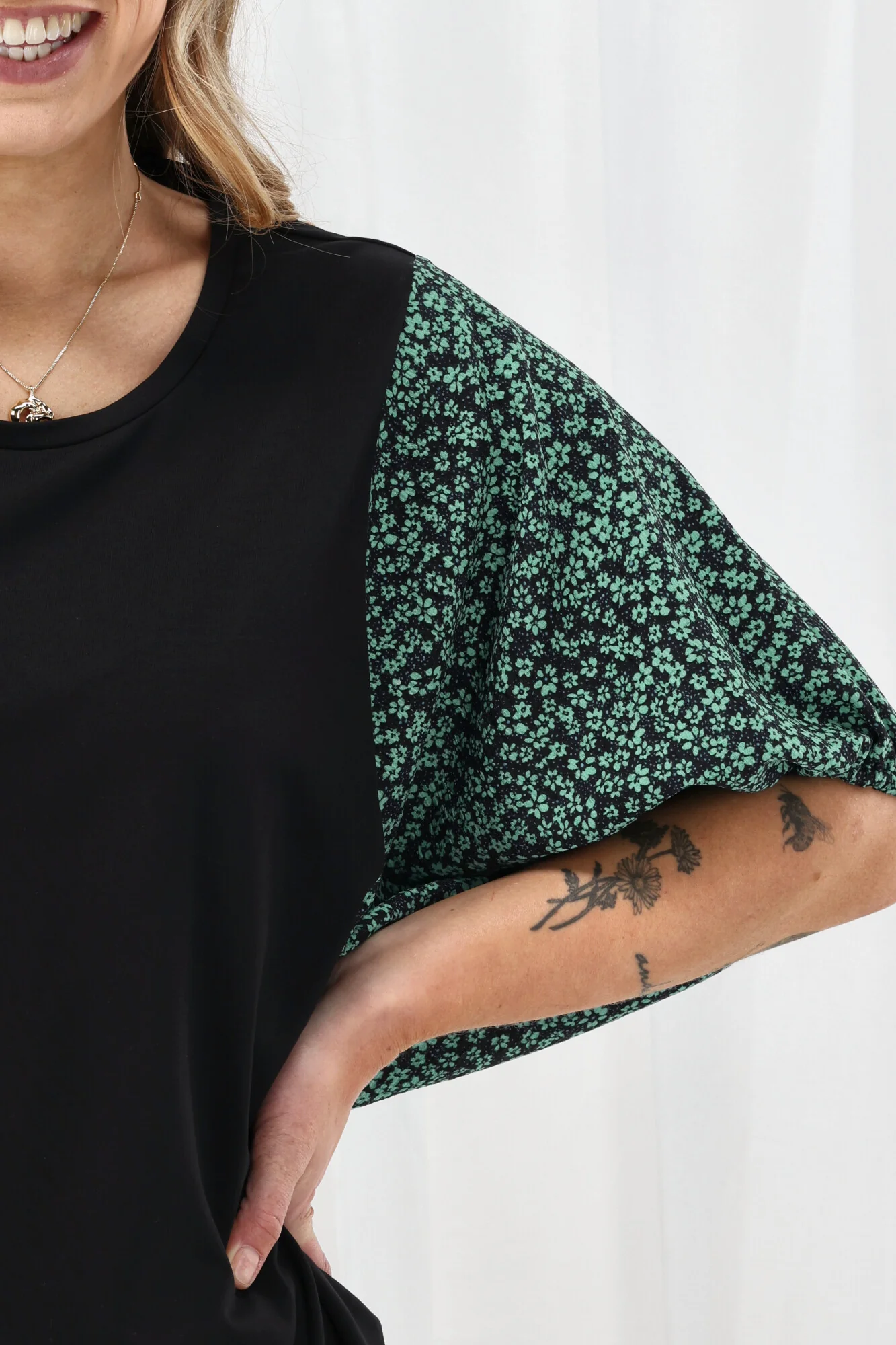 Shine On Label Sheyena Woven Sleeve Top Black w Green Floral - Image 3