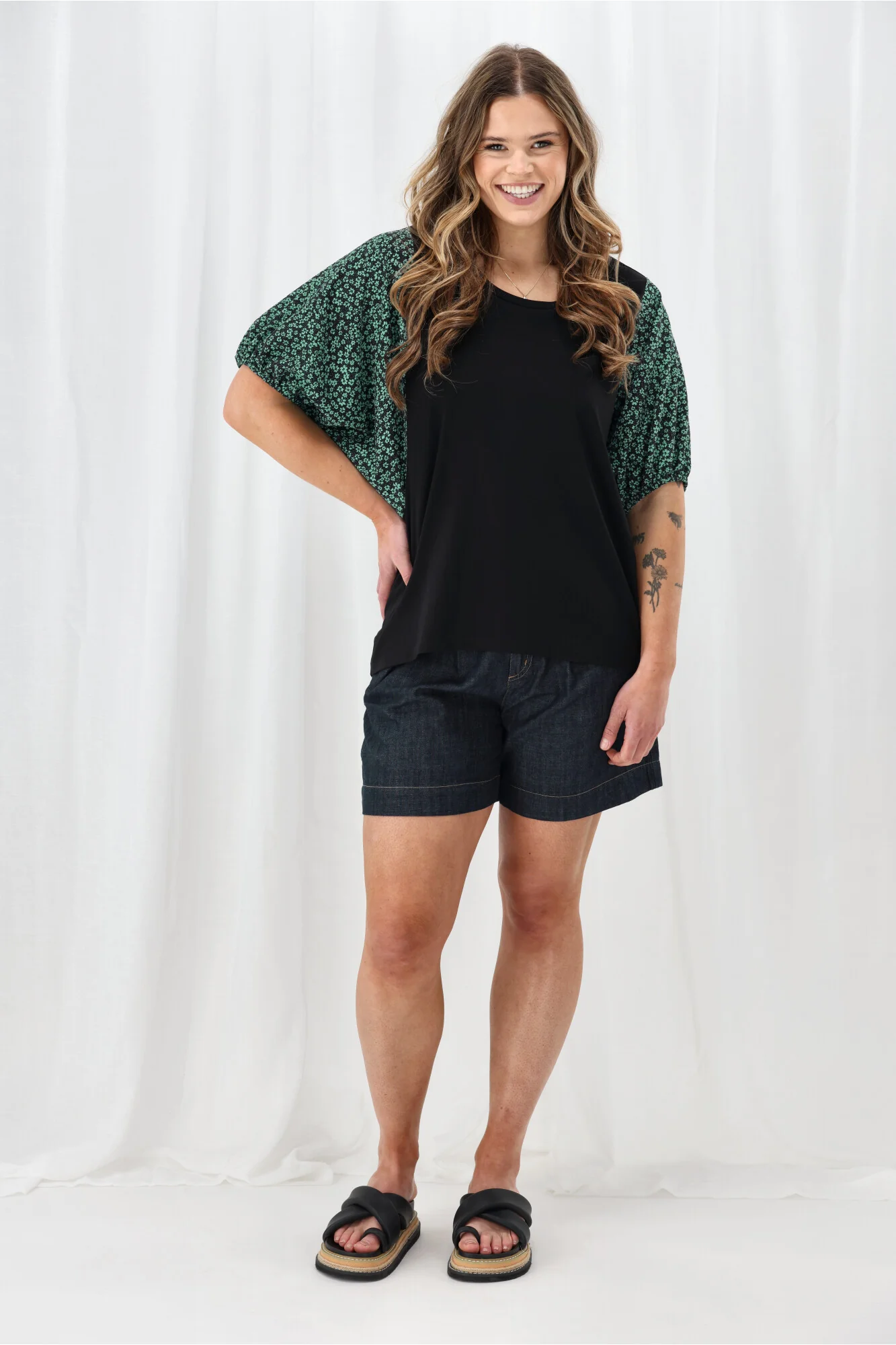 Shine On Label Sheyena Woven Sleeve Top Black w Green Floral - Image 4