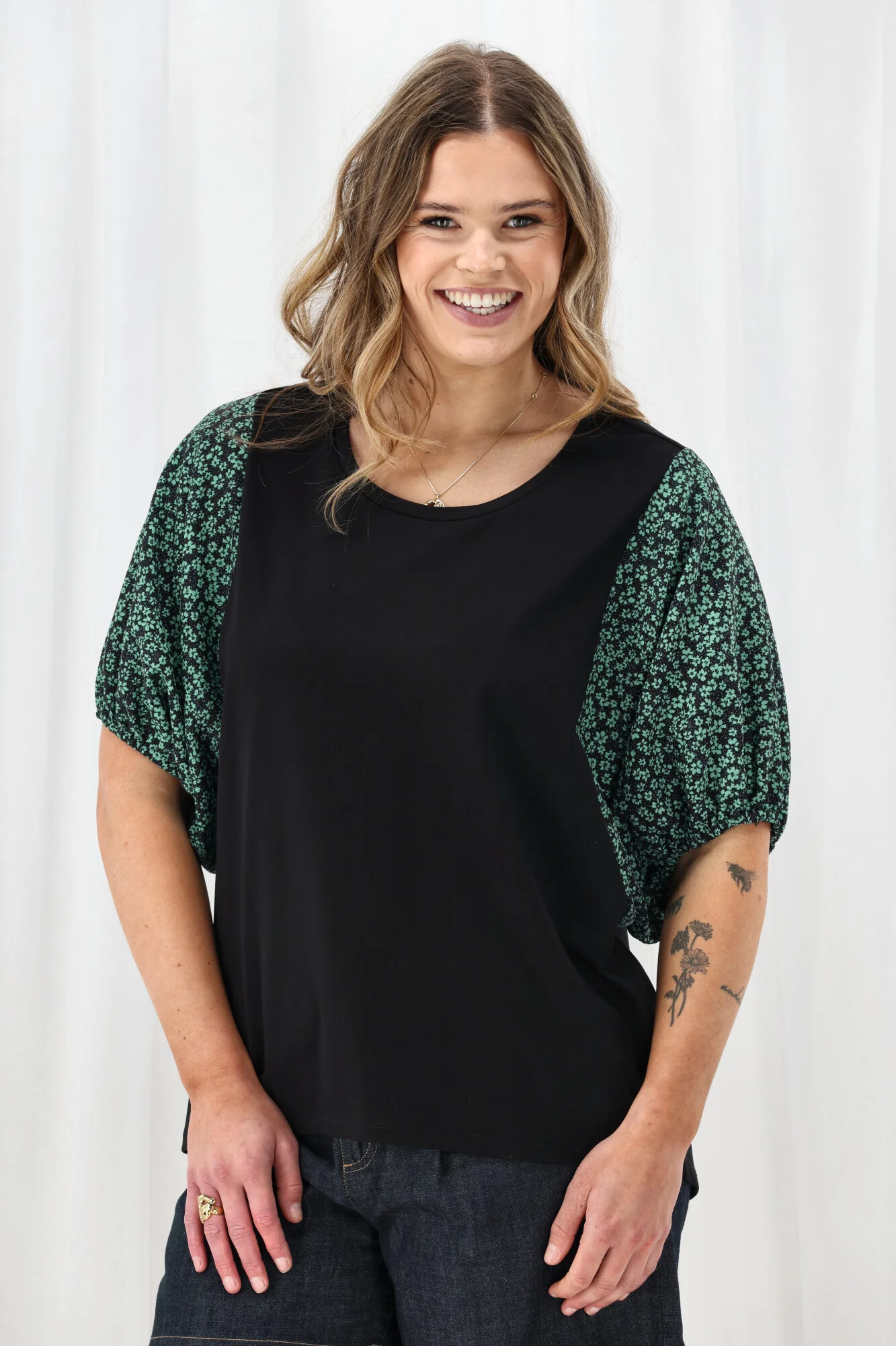 Shine On Label Sheyena Woven Sleeve Top Black w Green Floral - Image 5