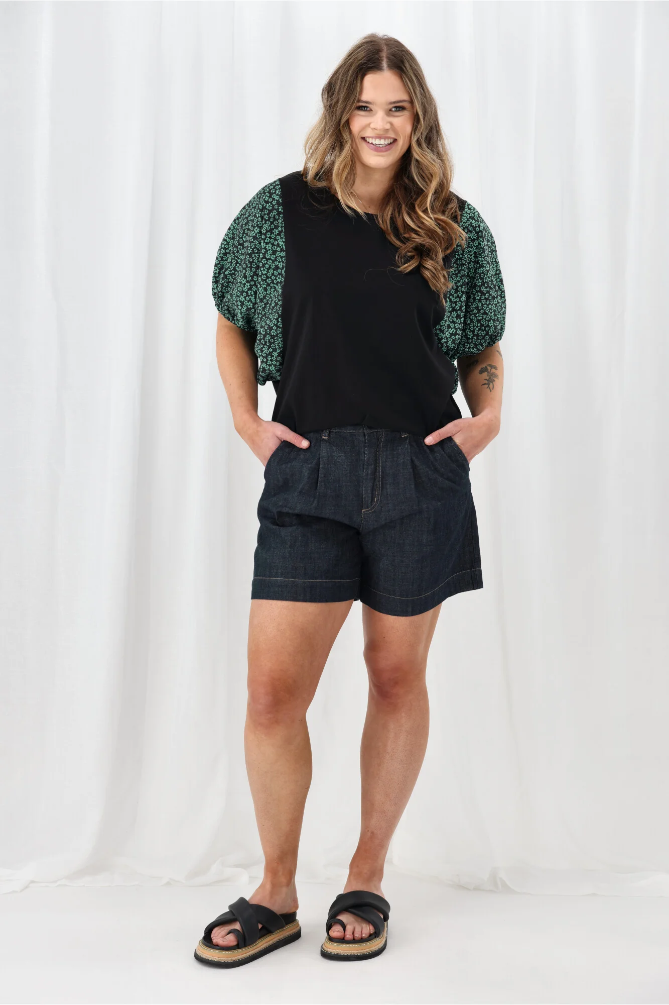 Shine On Label Sheyena Woven Sleeve Top Black w Green Floral - Image 6